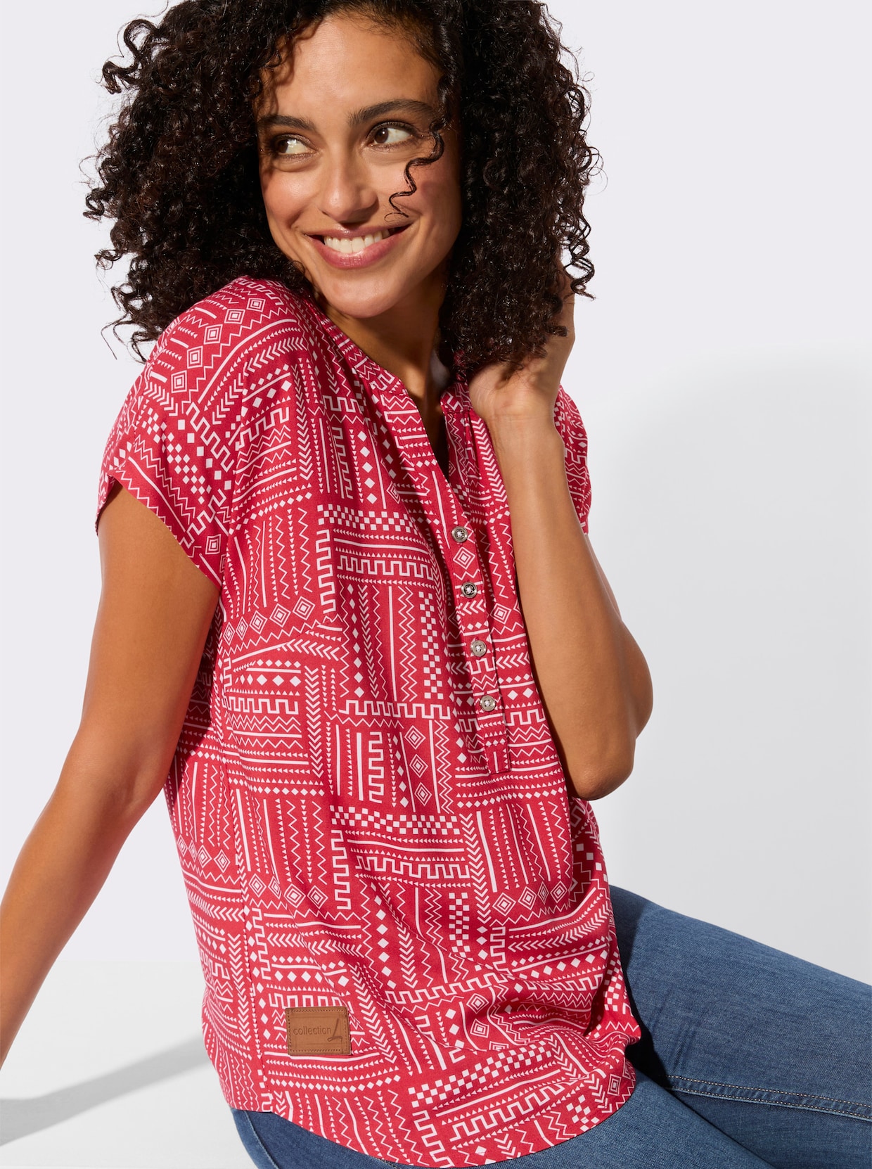 Druckbluse - erdbeere-ecru-gemustert