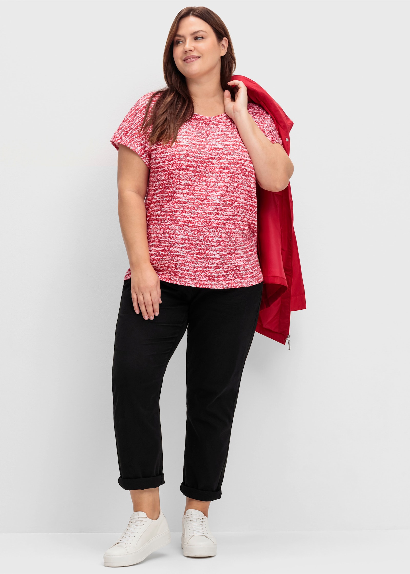 Rundhalsshirt mit weicher Baumwolle - rot-ecru-geringelt