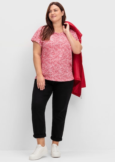 Rundhalsshirt mit weicher Baumwolle - rot-ecru-geringelt