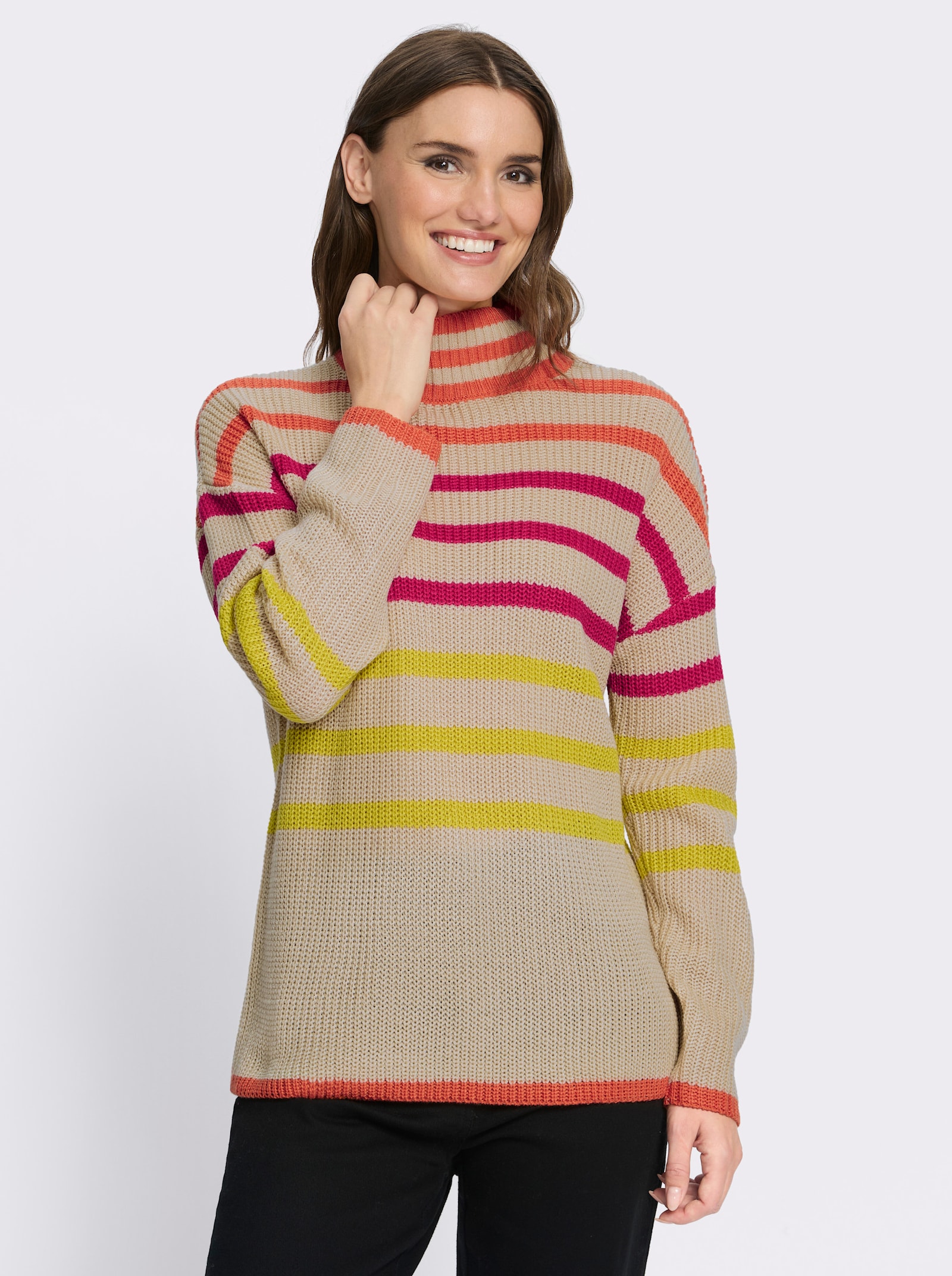 Stehkragenpullover mit Streifen in Leuchtfarben - sand-orange-gestreift