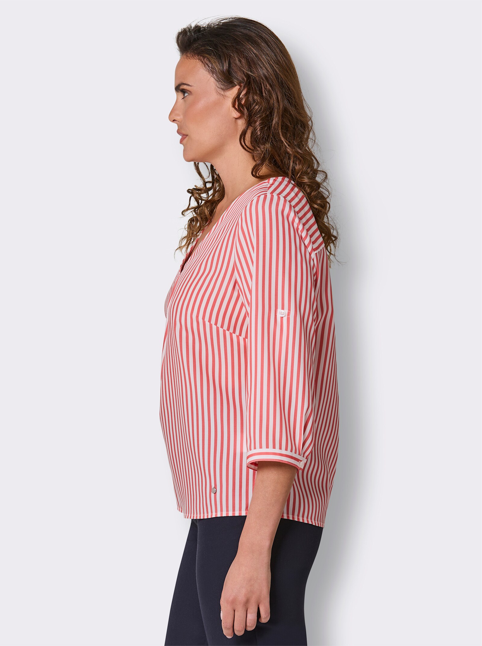 CREATION L PREMIUM Gestreifte Bluse mit Krempelärmel - grapefruit-ecru-gestreift