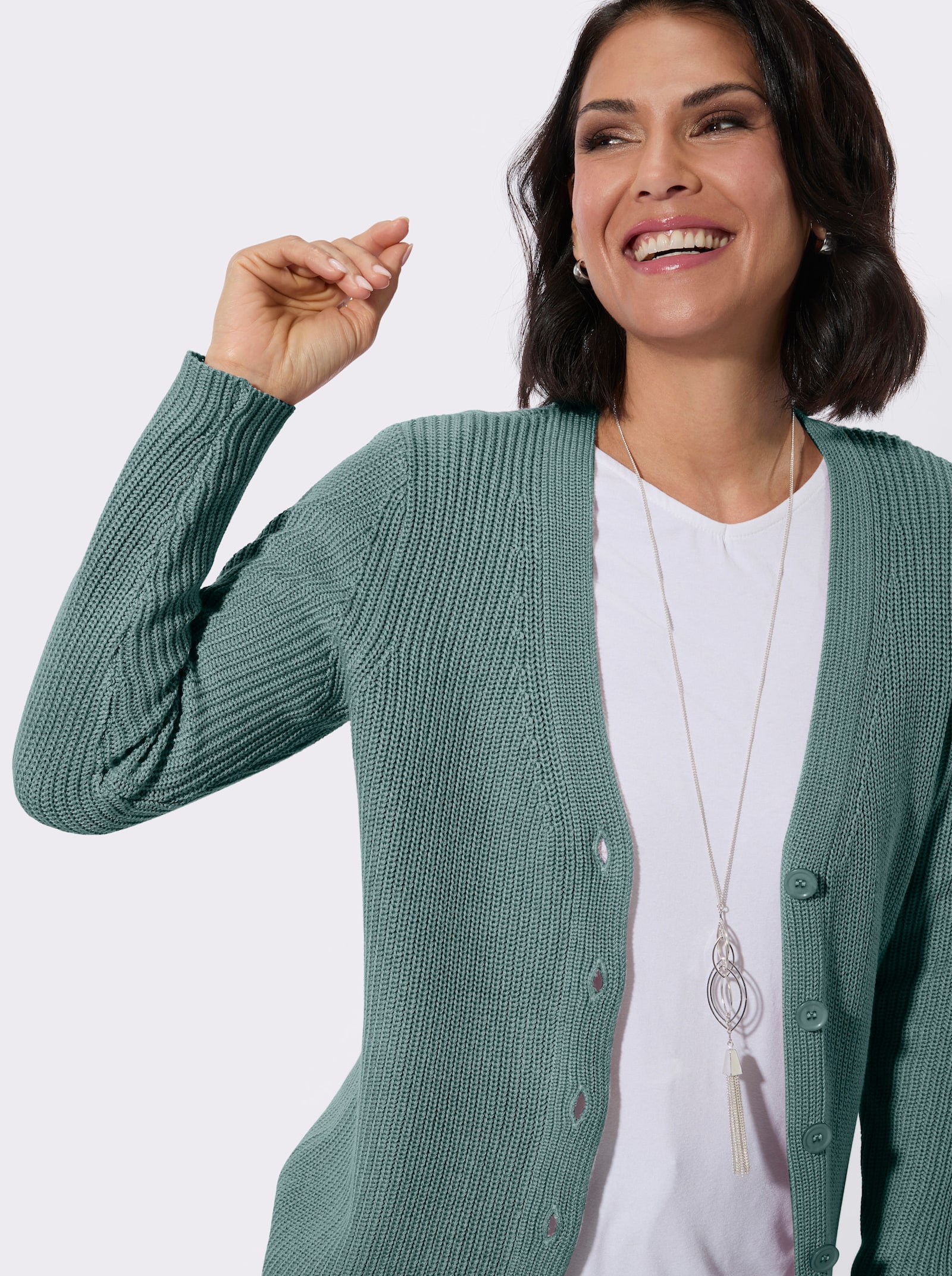 Longstrickjacke mit feiner Rippstruktur - jade