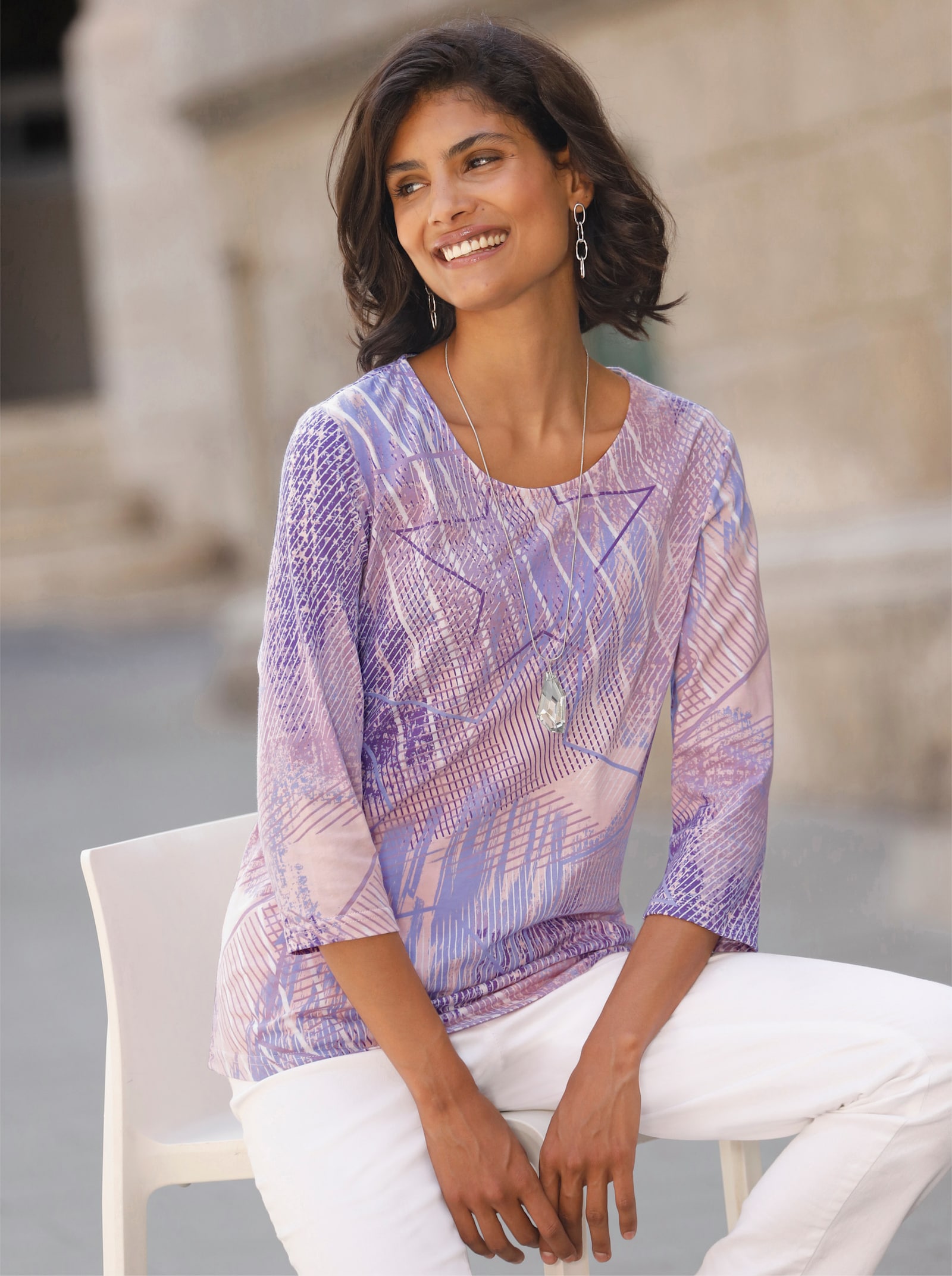 Shirt met 3/4-mouwen van puur katoen - lichtroze/lila bedrukt