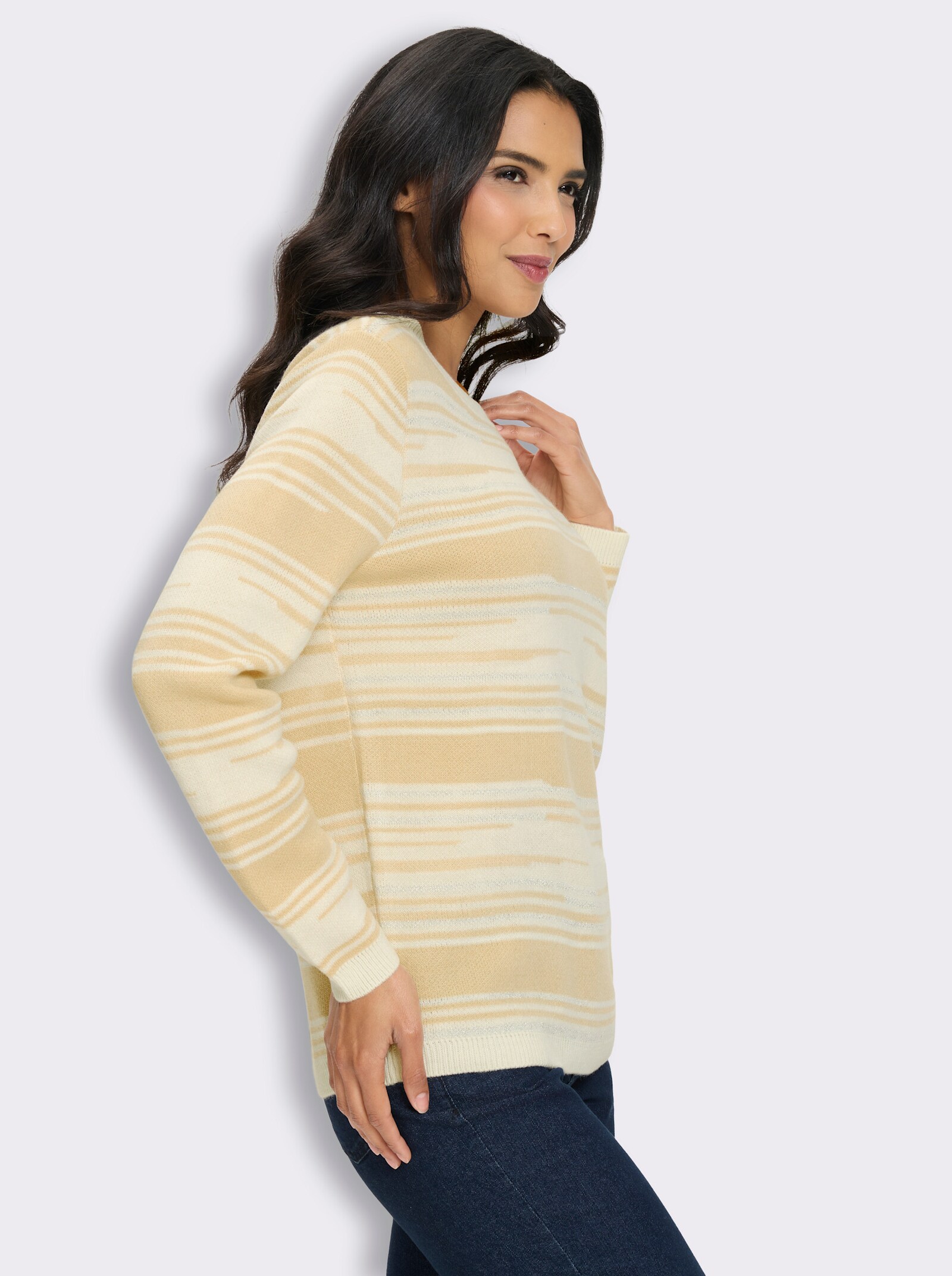 Strickpullover mit Glanzgarn - ecru-sand-gestreift