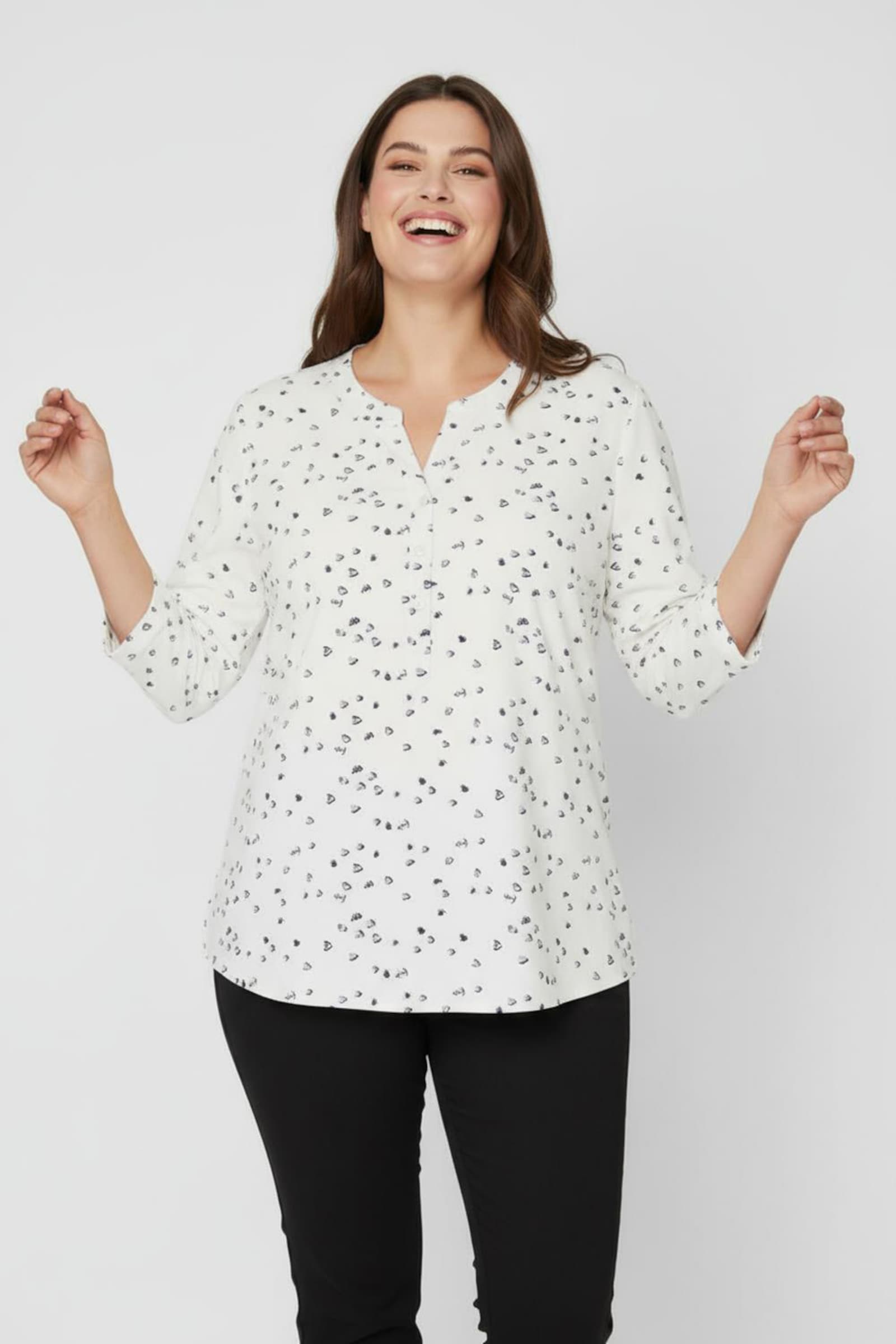 Schlupfbluse mit 3/4-Ärmeln - ecru-marine-bedruckt