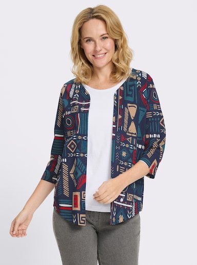 Shirtjacke mit zipfeligem Saum - marine-topas-bedruckt
