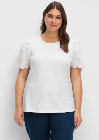 Kurzarmshirt mit Lochstickerei - weiß