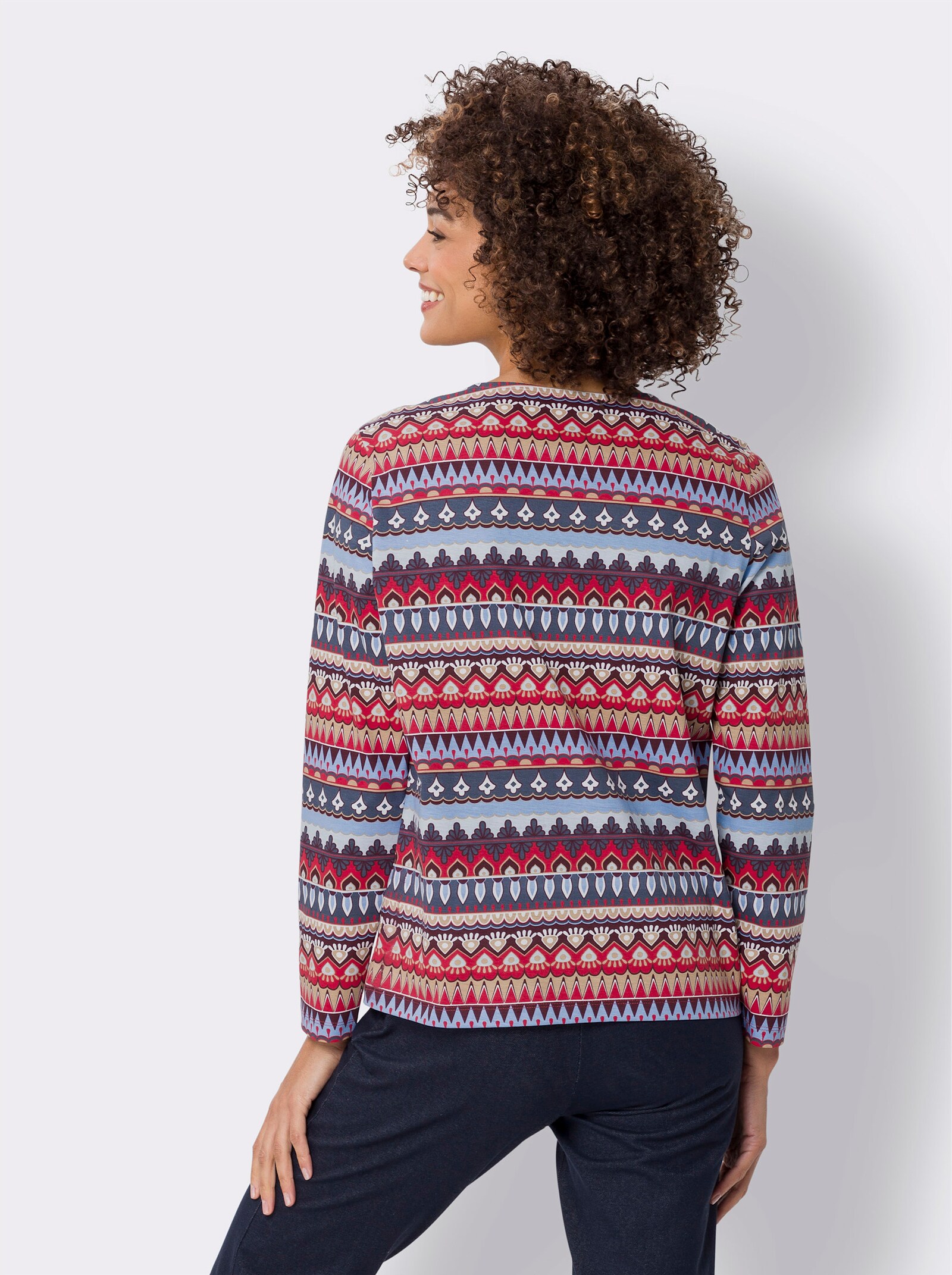 Tričko s dlouhým rukávem a grafickými proužky - kouřová modrá-jahodová-potisk