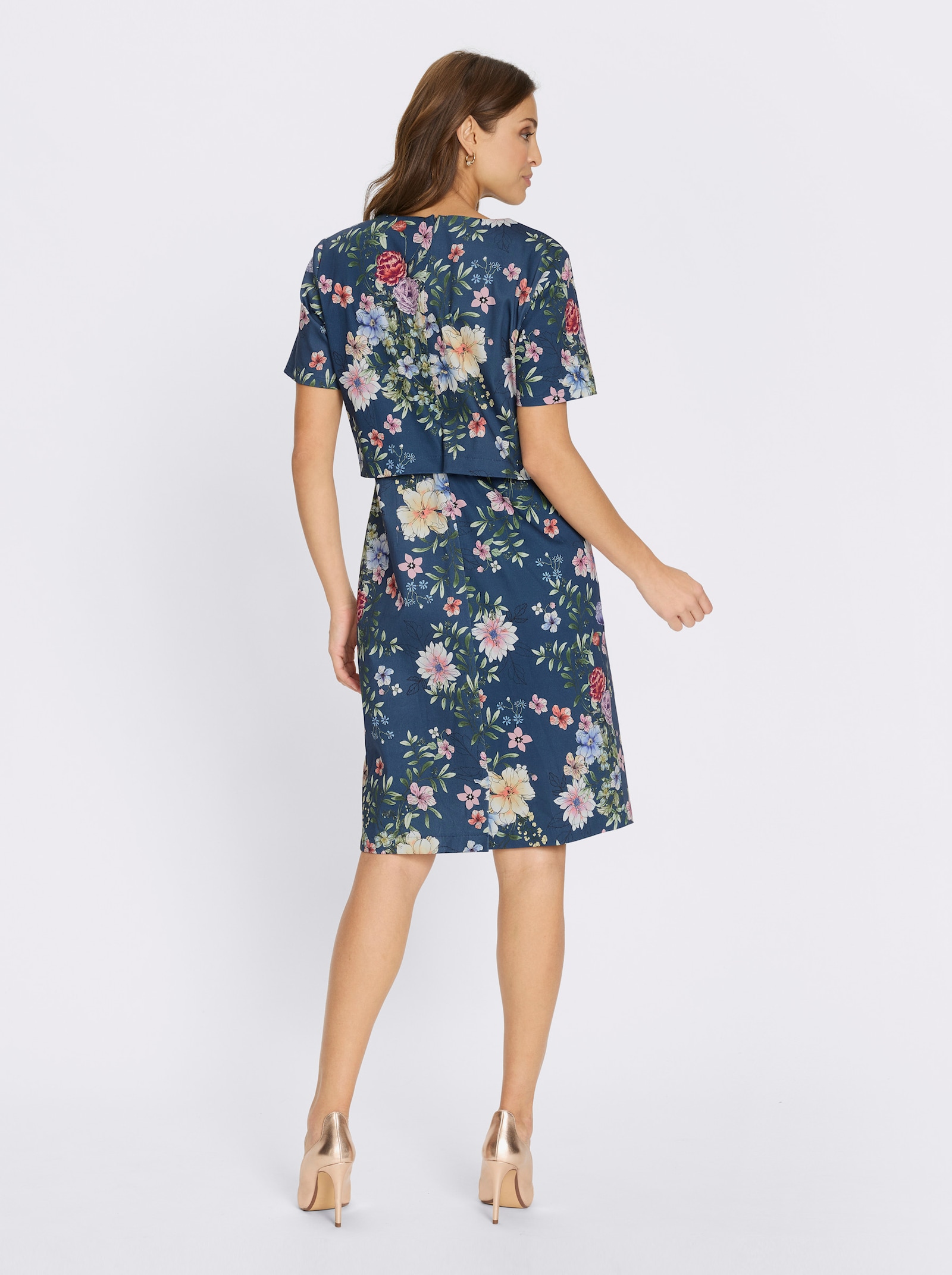 Druckkleid in Web-Qualität - dunkelblau-orchidee-bedruckt