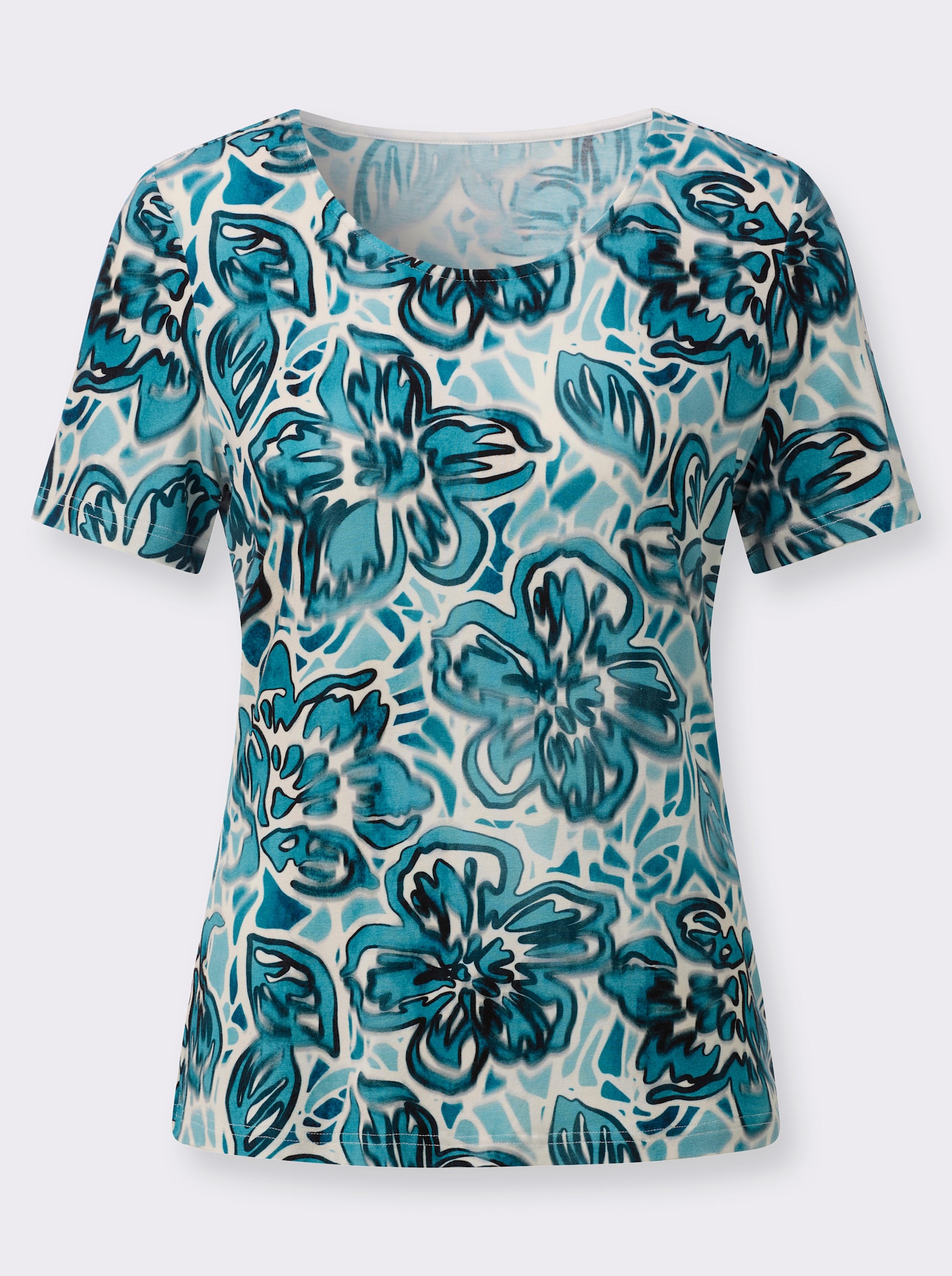 Kortärmad topp med blomtryck - ocean-petrol-med tryck
