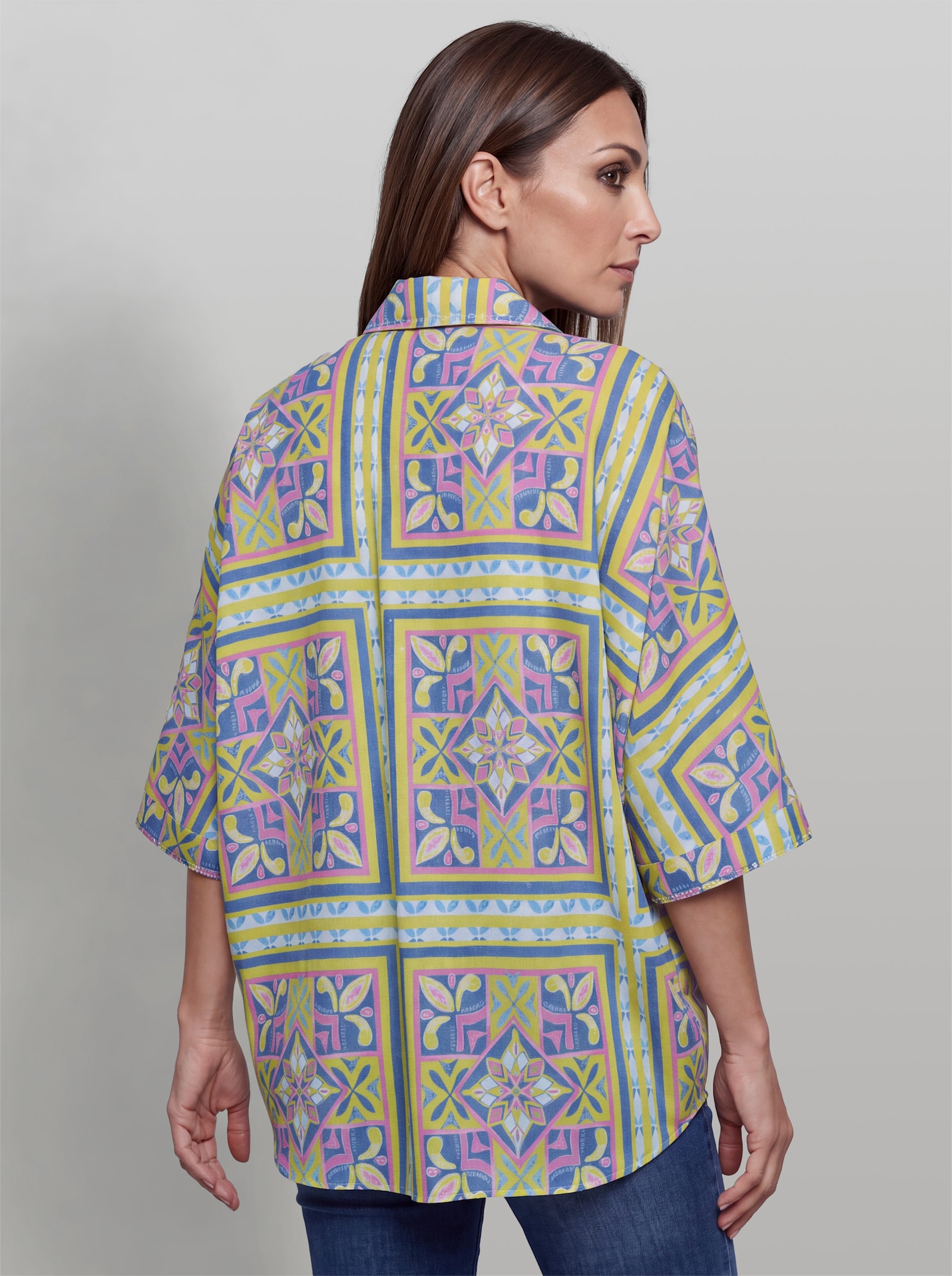 heine Hemdbluse mit Pailletten - limone-taubenblau-bedruckt