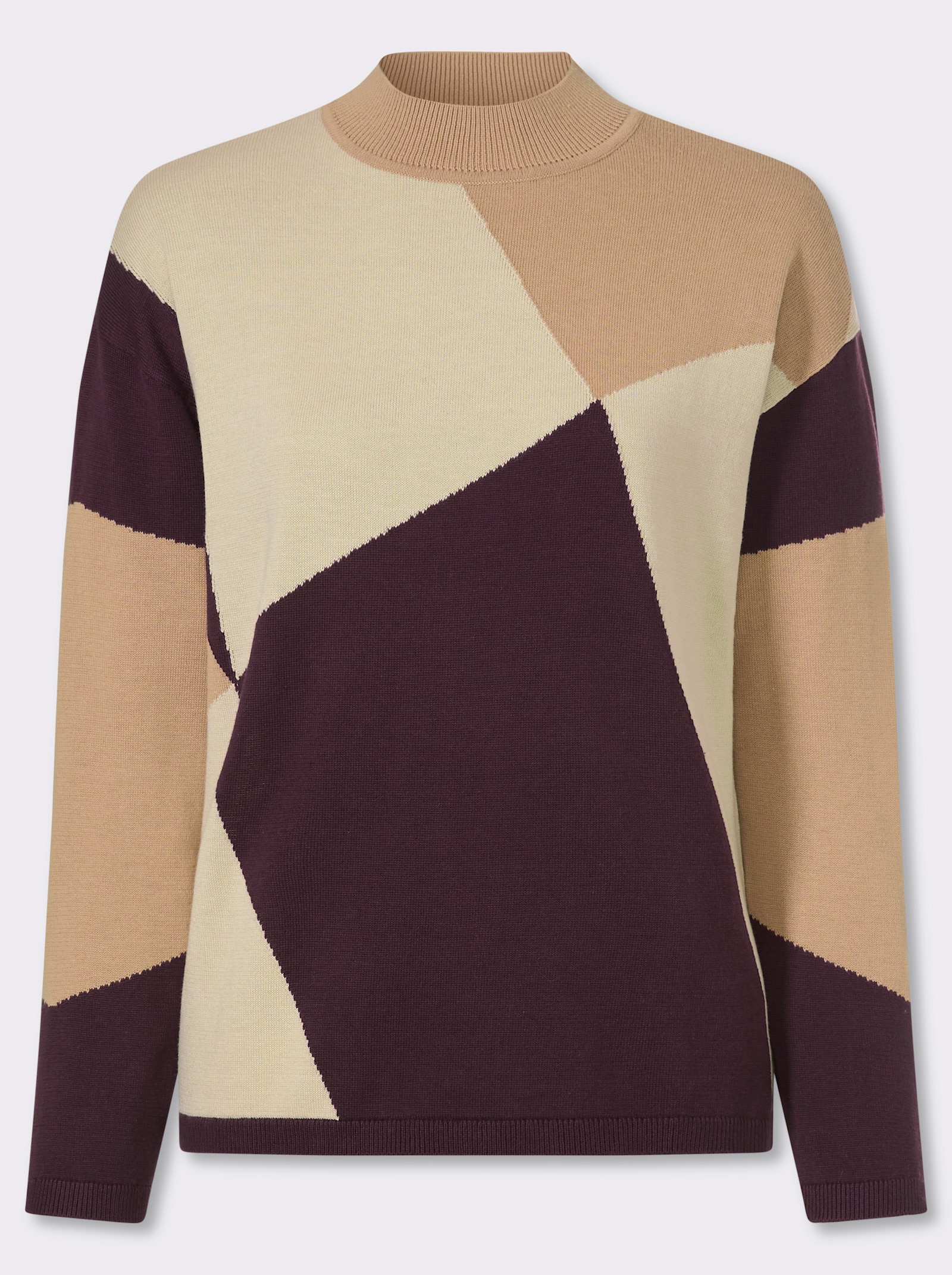 Stehkragenpullover mit grafischem Muster - sand-burgund-gemustert