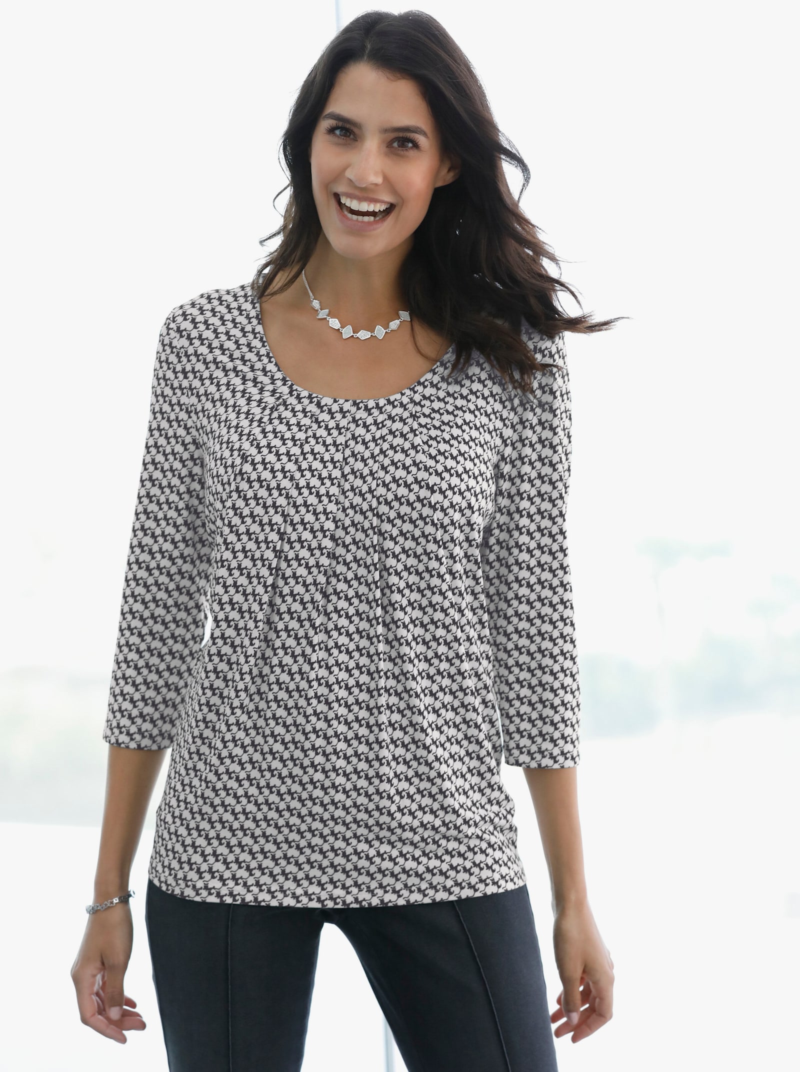 3/4-Arm-Shirt mit Katzen-Druck - schwarz-wollweiss