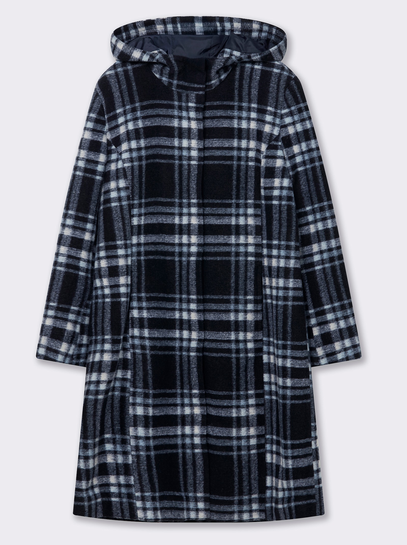 sheego Wintermantel mit Reißverschluss und Druckknöpfen - tiefblau-eisblau-kariert