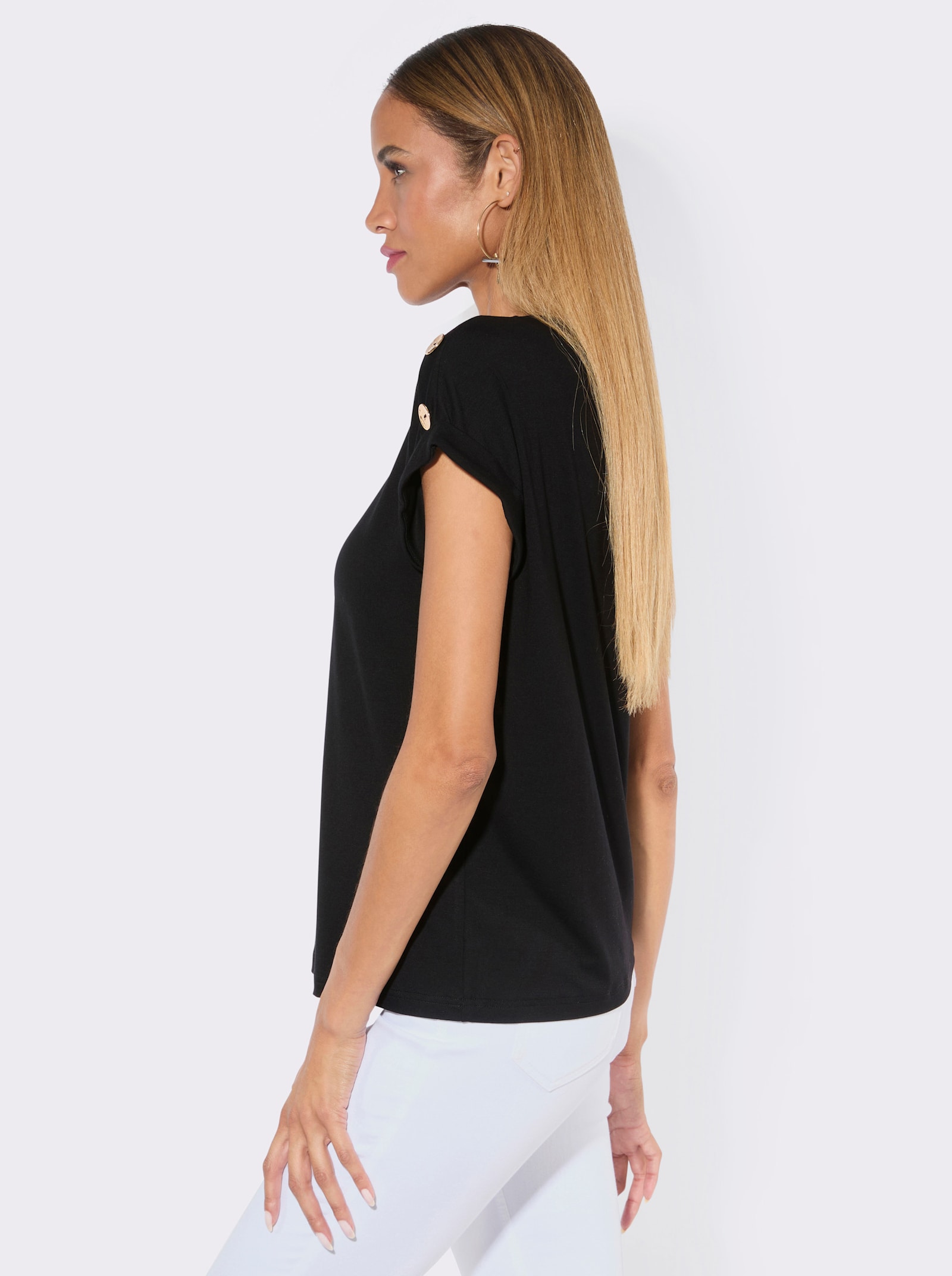 Rundhalsshirt mit goldfarbigem Folien-Druck - schwarz