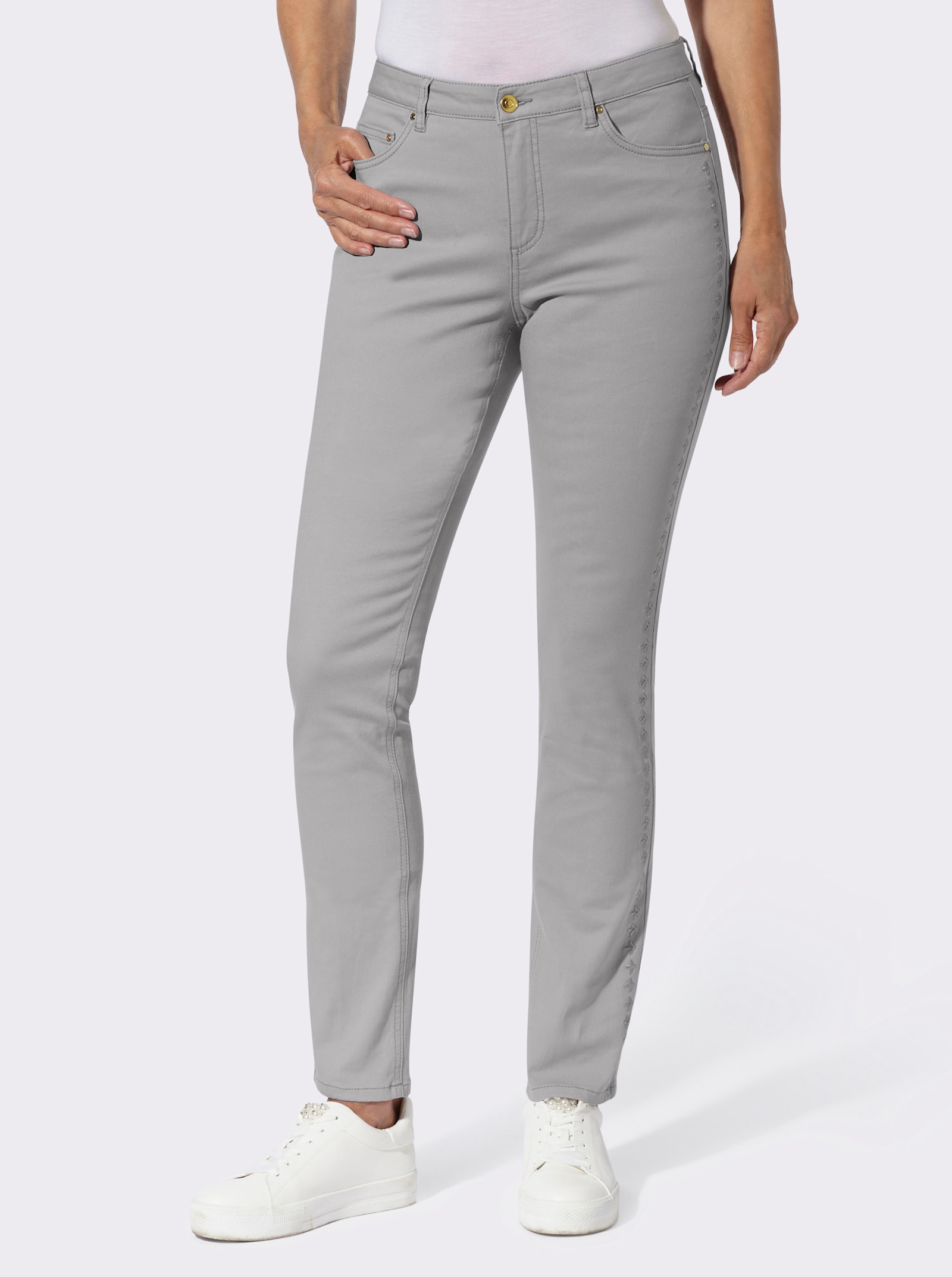 Jeans mit Stickerei an den Seitennähten - steingrau