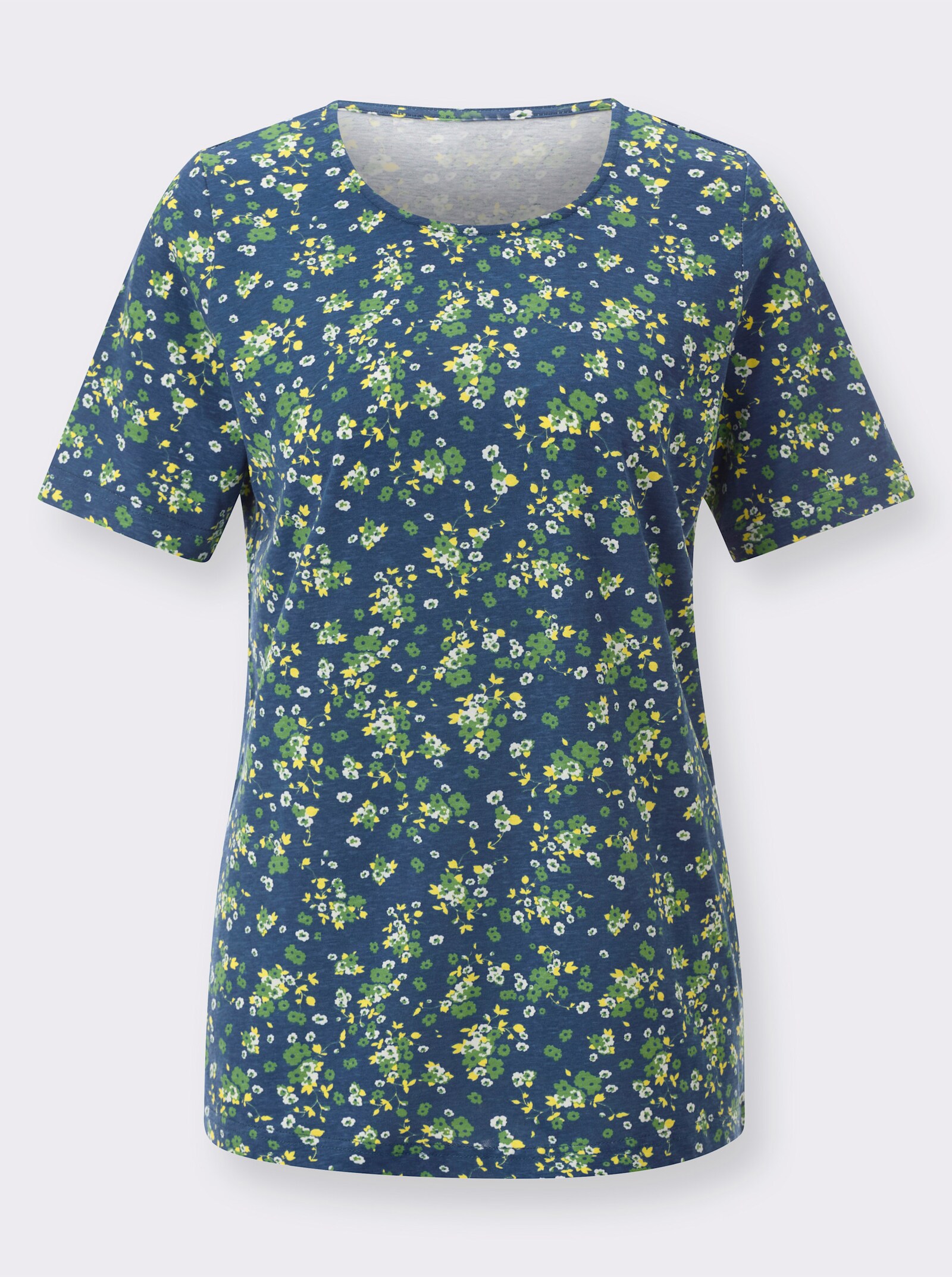 Shirt met korte mouwen in millefleurs-dessin - jeansblauw/citroen bedrukt