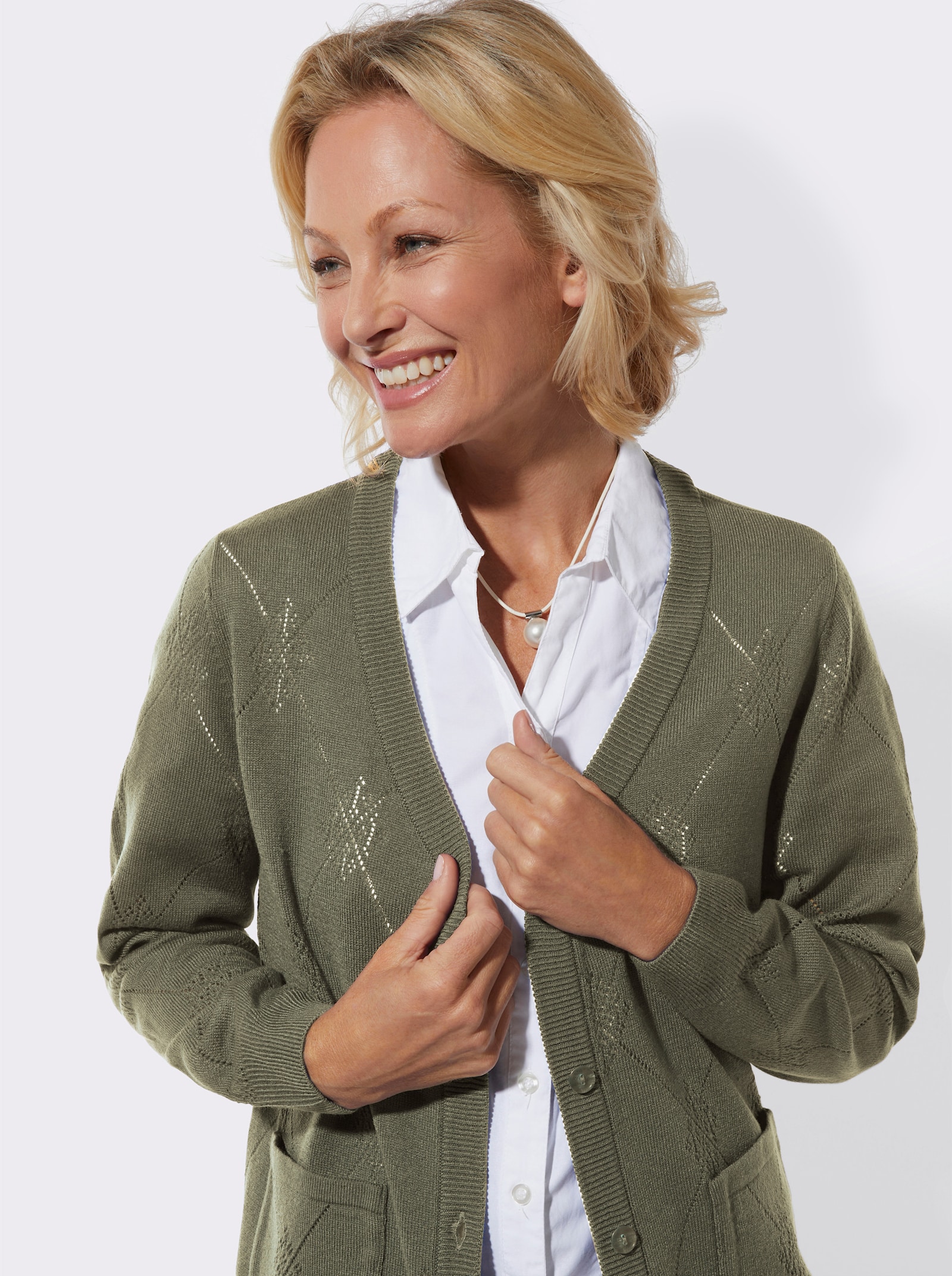 Ajourstrickjacke mit Rautenmuster - khaki