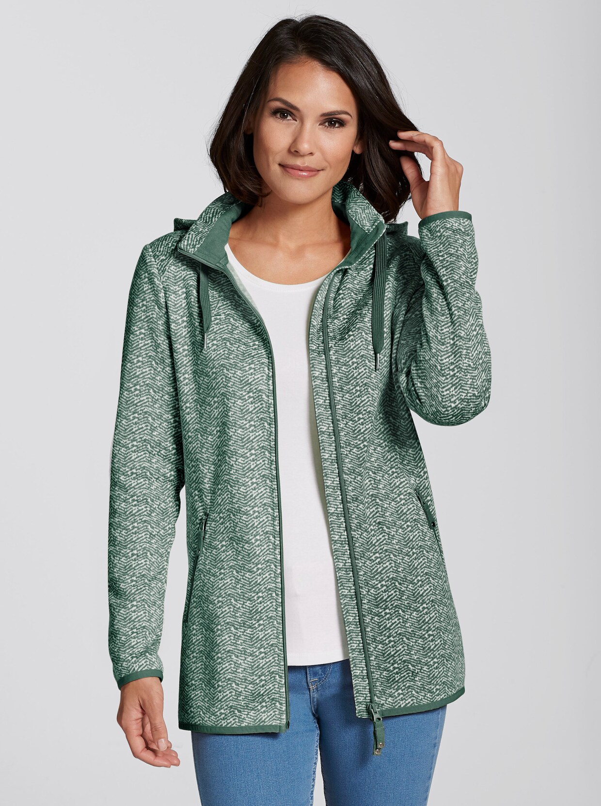 Kapuzenfleecejacke - grün-weiß-gemustert