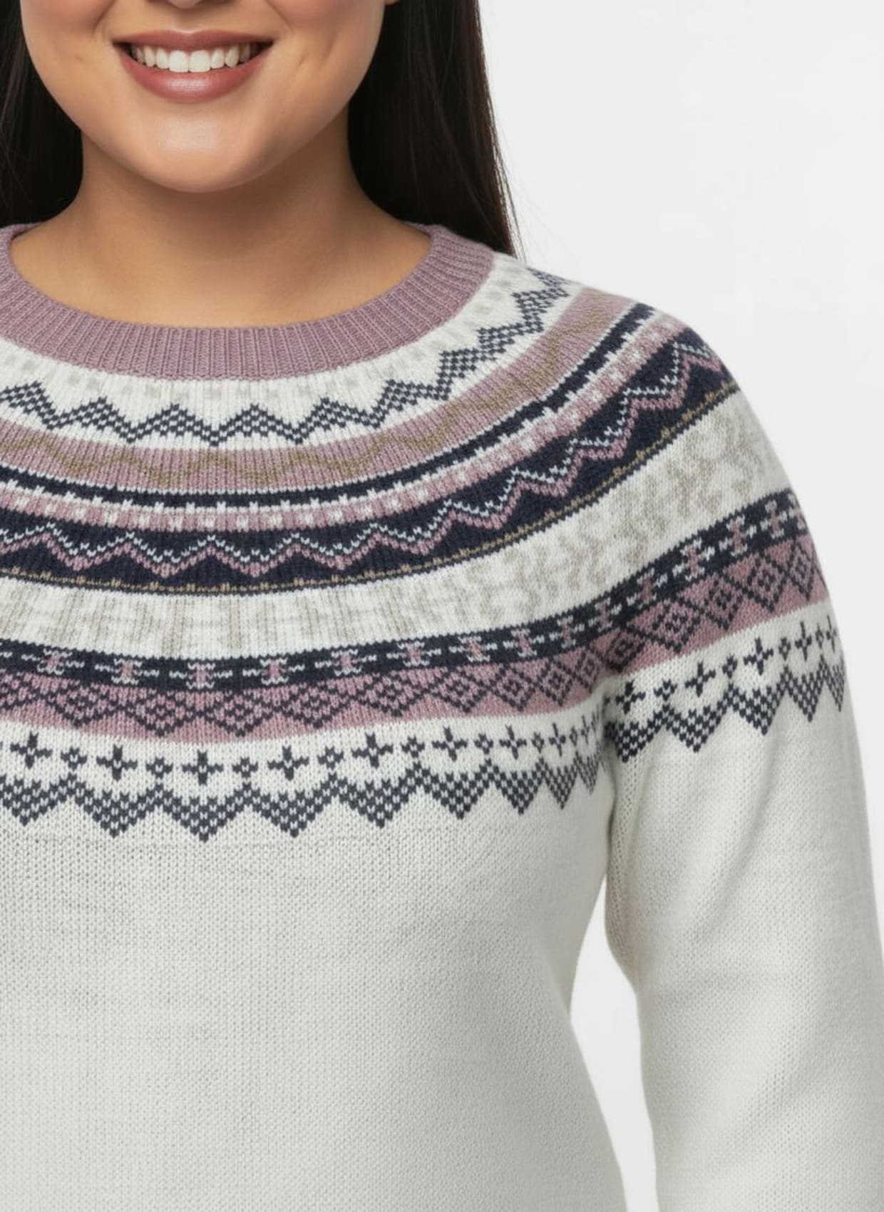 Norwegerpullover mit Raglan-Ärmeln - ecru-mauve-gemustert