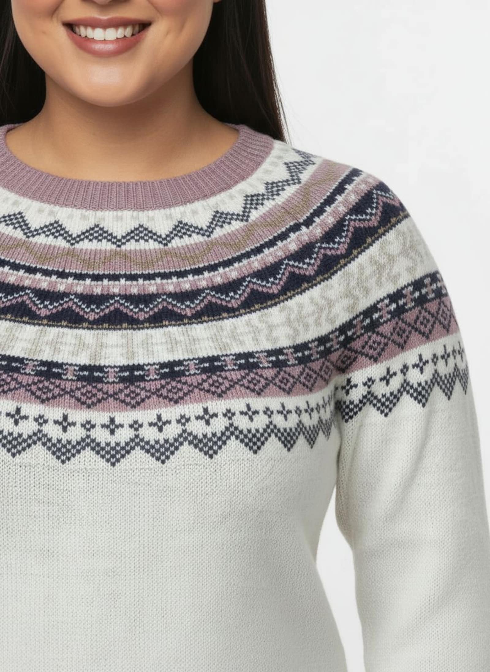 Norwegerpullover mit Raglan-Ärmeln - ecru-mauve-gemustert
