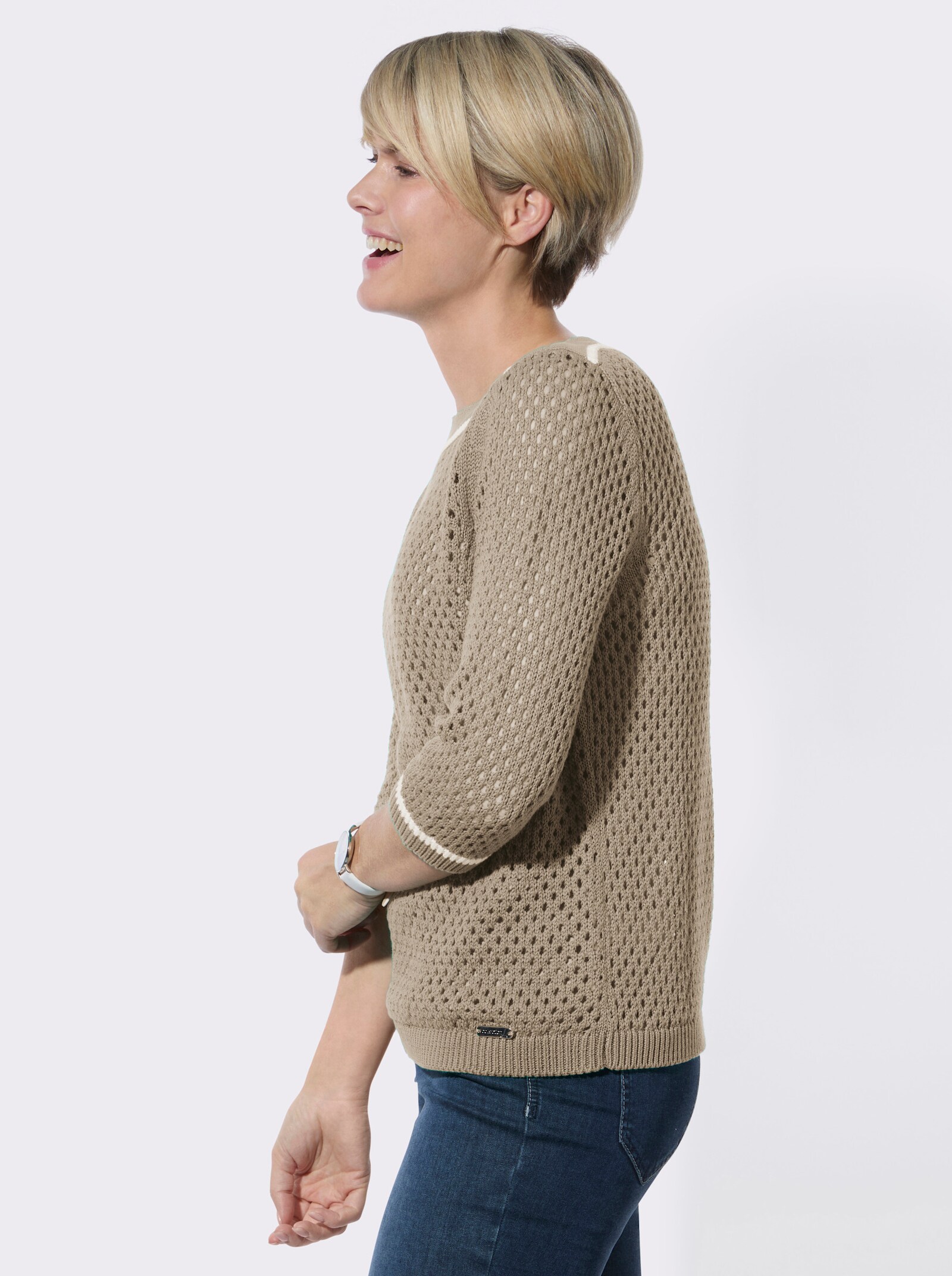 3/4-Arm-Pullover mit Ajourstrickmuster - sesam
