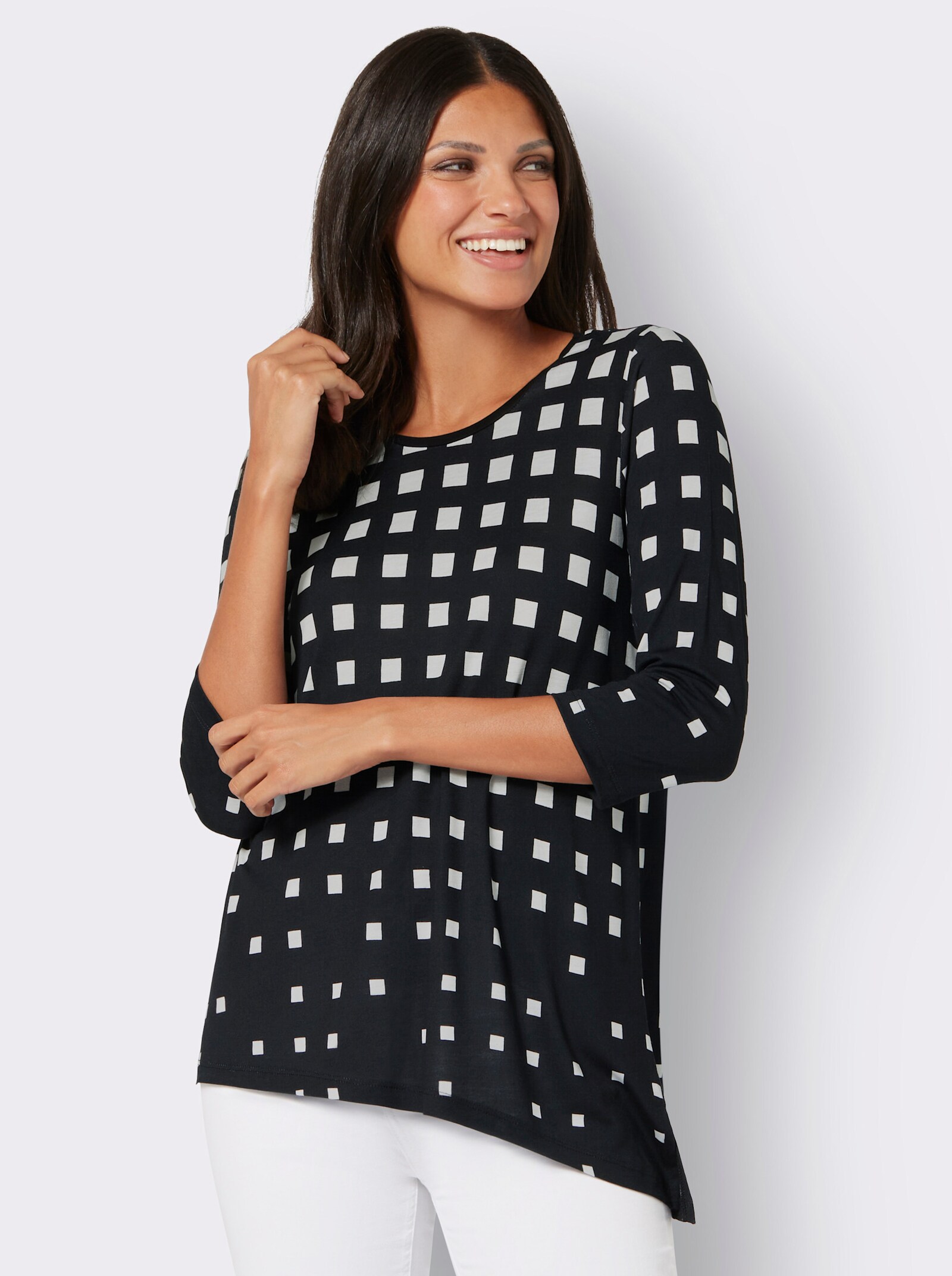 Dlouhé tričko s asymetrickým dolním lemem - černá-bílá-potisk