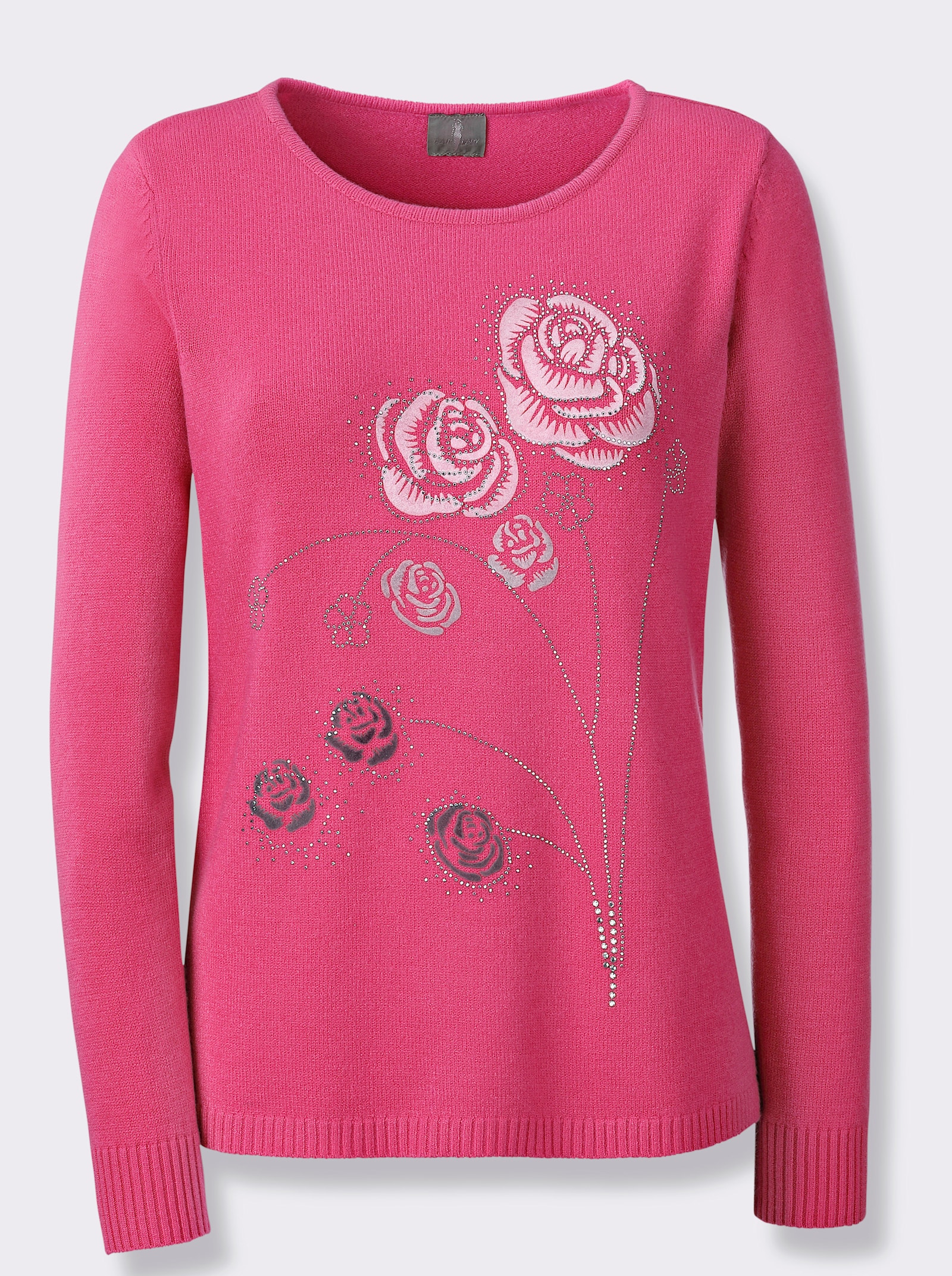 Rundhalspullover mit Flockprint - fuchsia