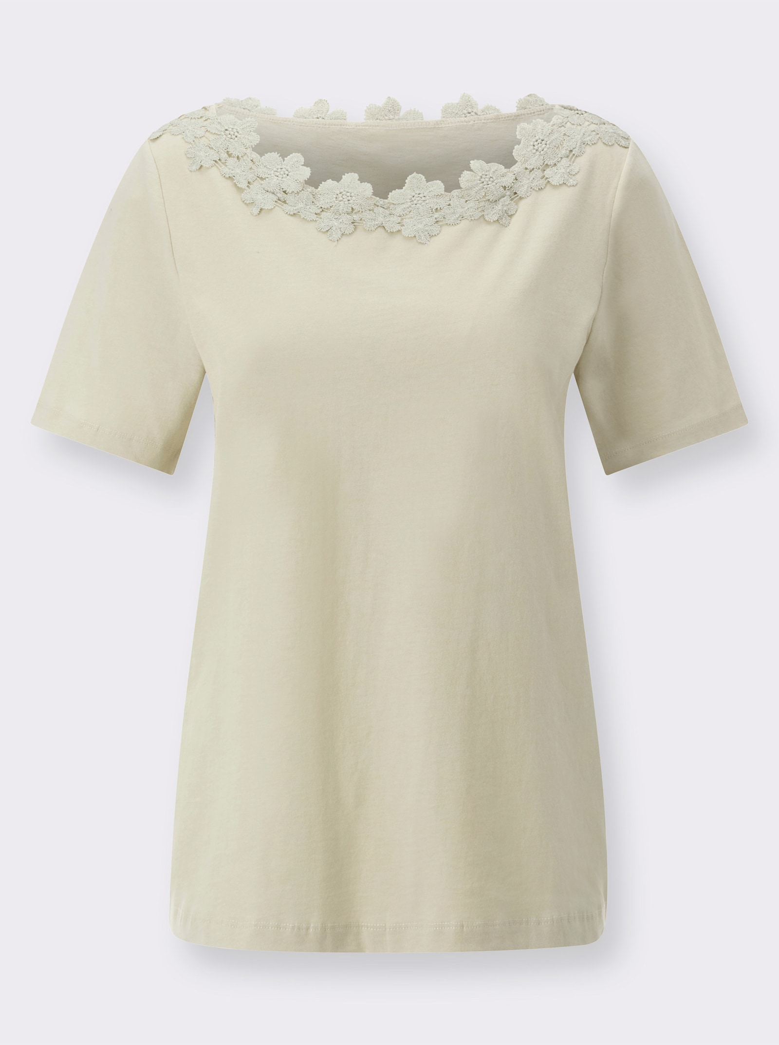Shirt met korte mouwen en kant bij de boothals - zand