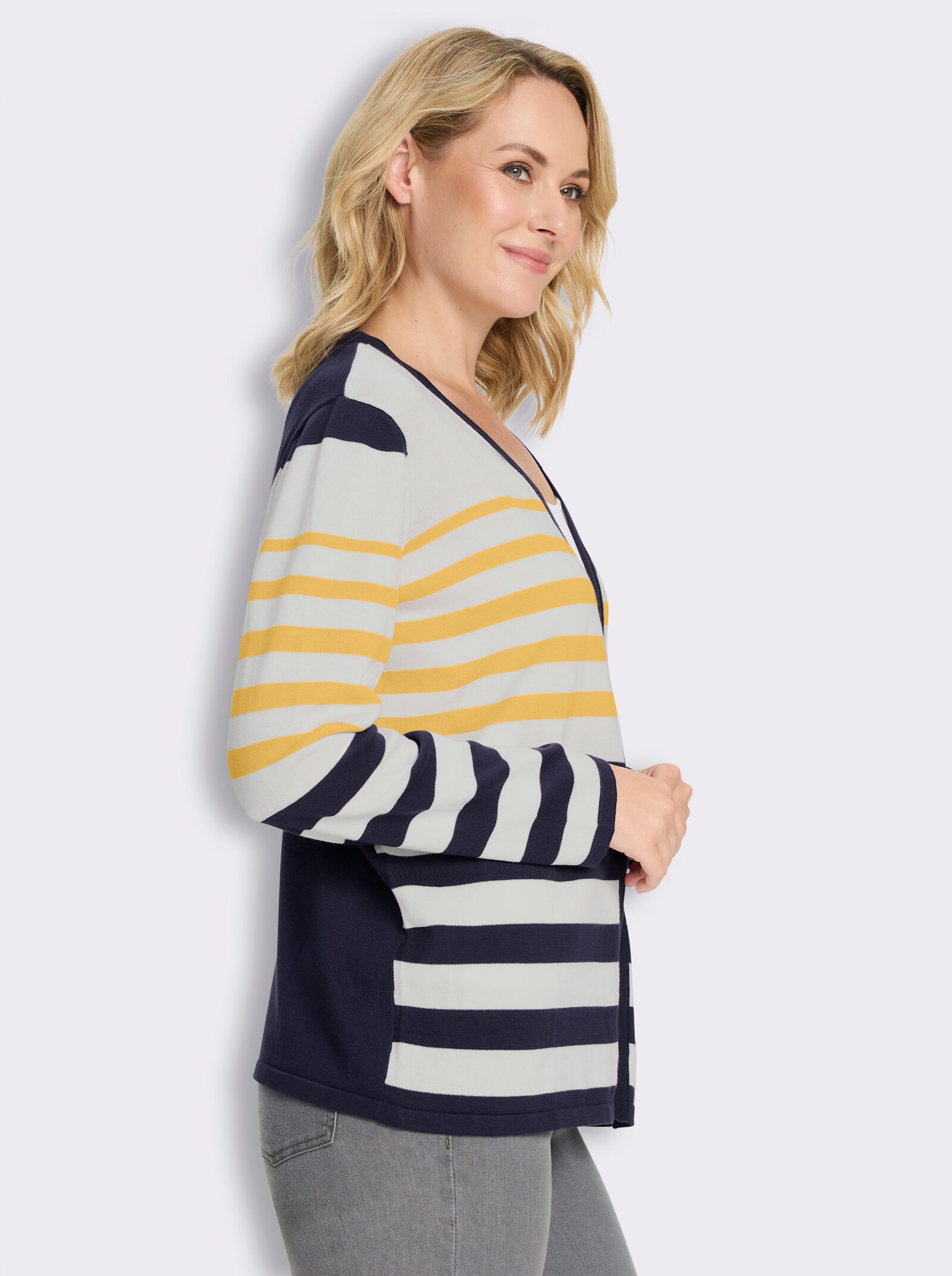Cardigan in offener Form, reine Baumwolle - gelb-marine-geringelt