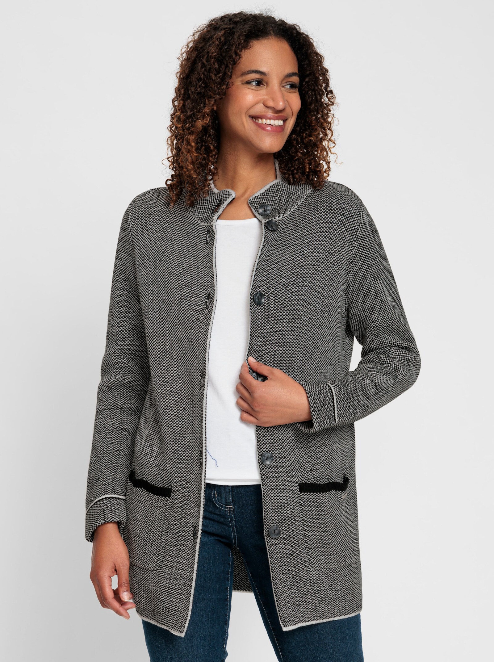 Jacquardstrickjacke mit Stehkragen - ecru-schwarz-meliert