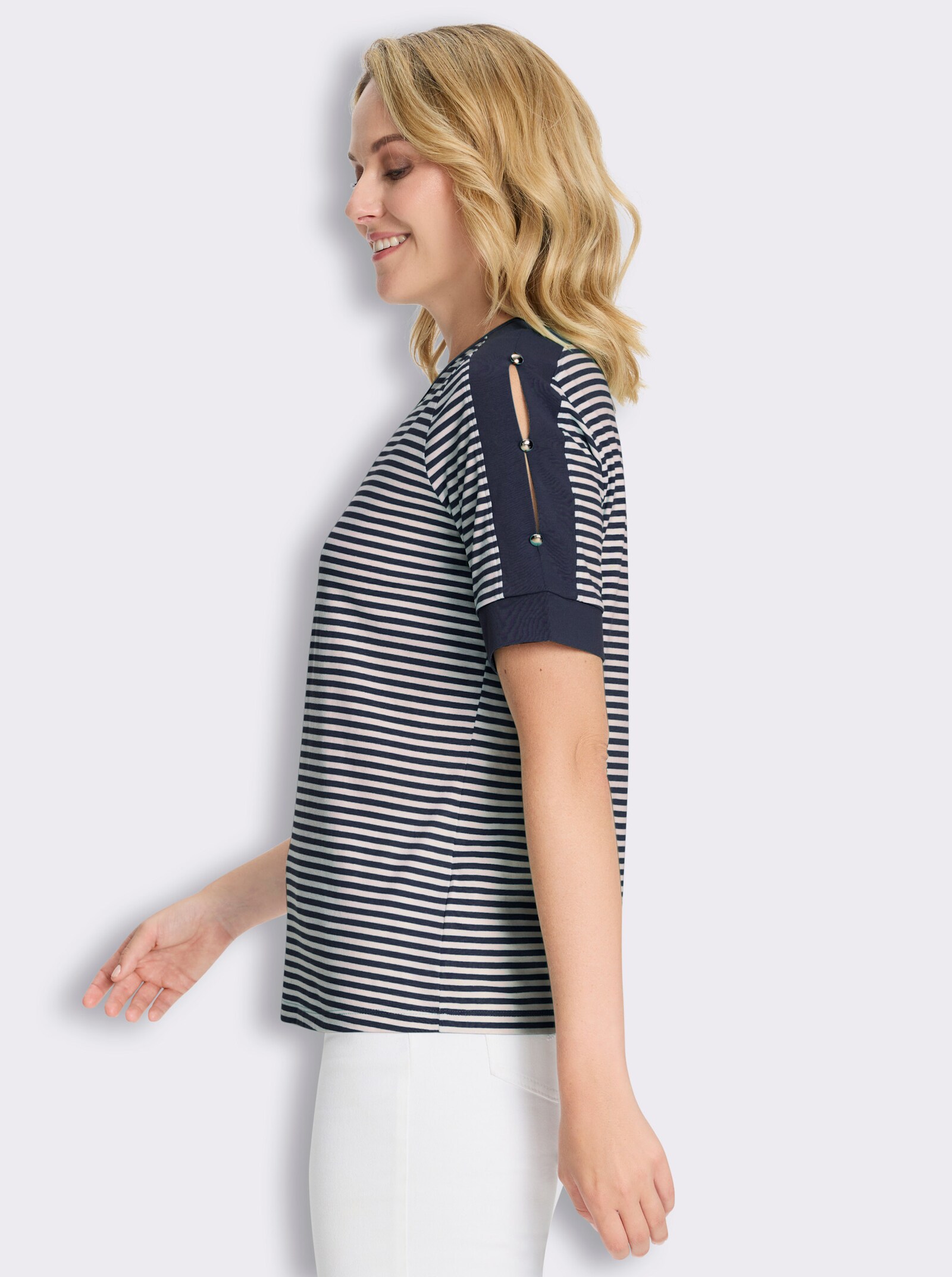 Kurzarmshirt mit Zierknöpfen - marine-ecru-geringelt