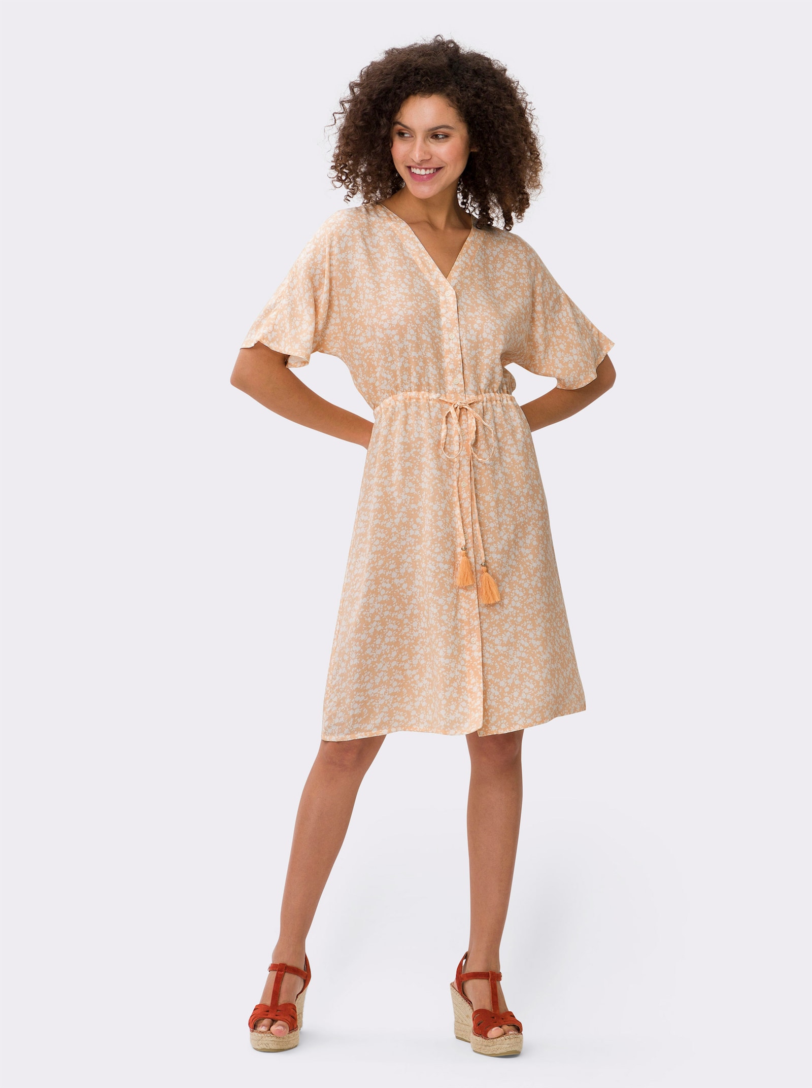 heine Jurk in A-lijn met bindceintuur - apricot/ecru bedrukt