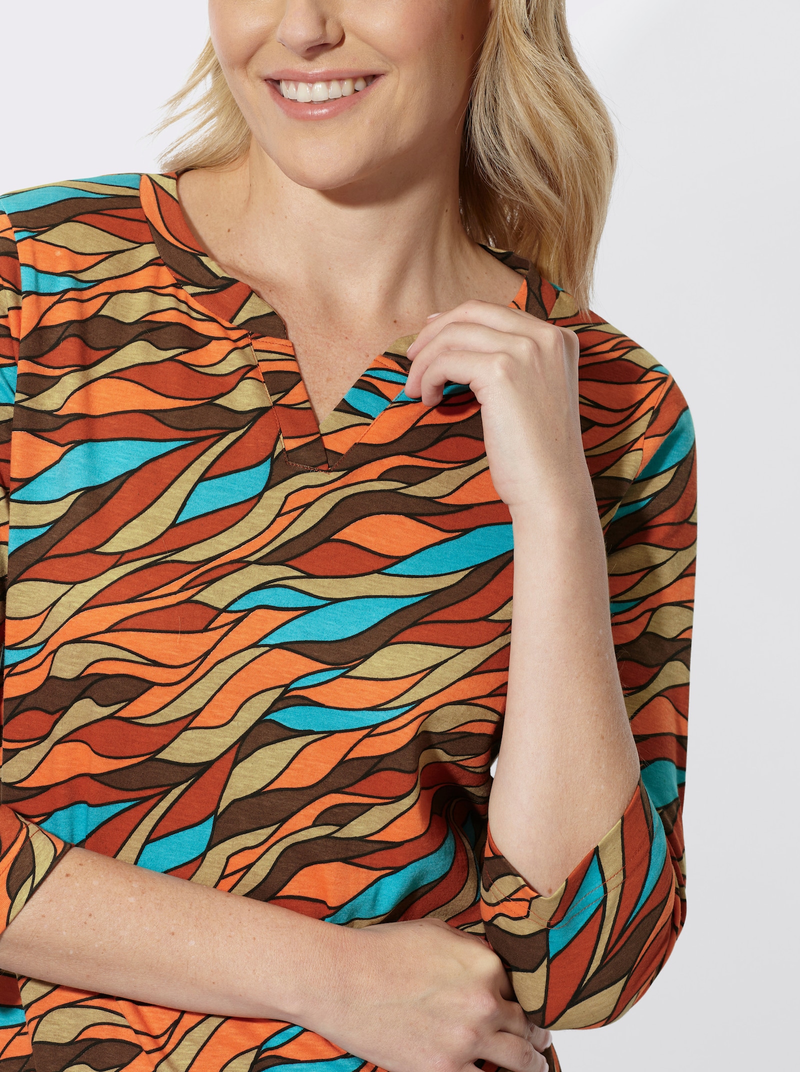 3/4-Arm-Shirt mit Allover-Print - rostrot-orange-bedruckt