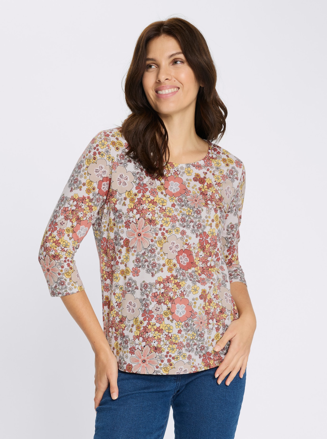 3/4-Arm-Shirt mit Blütendessin - ecru-papaya-bedruckt