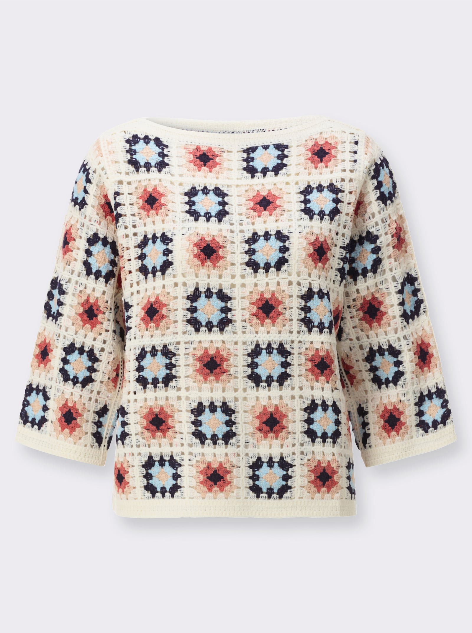 Pullover in Häkel-Optik - ecru-koralle-gemustert