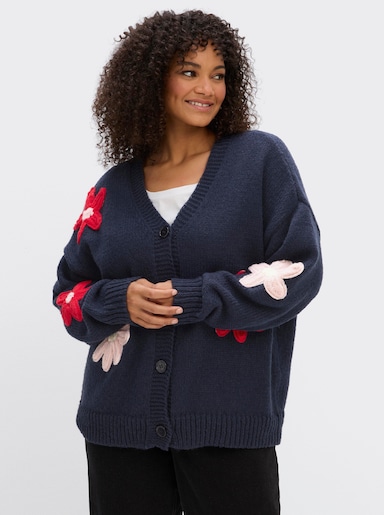 sheego by Joe Browns Strickjacke mit aufgesetzten Blüten - tiefblau-ecru