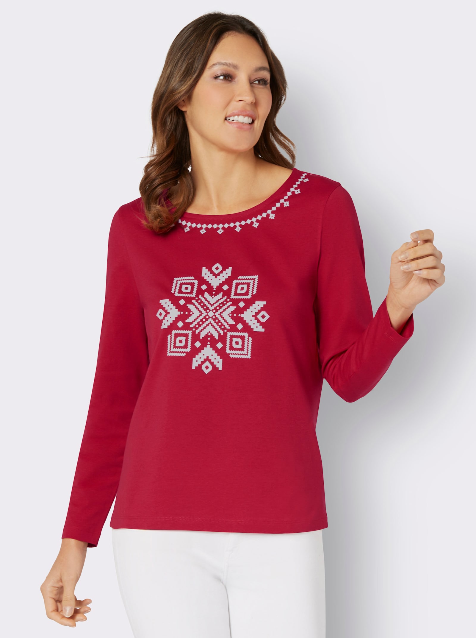 Tričko s dlouhým rukávem s norským vzorem - červená-bílá