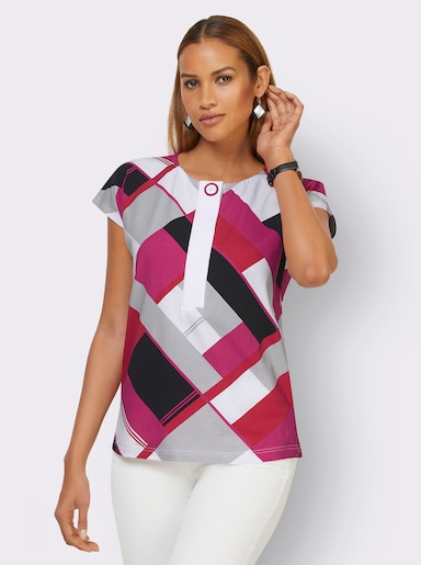 Print-Shirt mit Knopfverschluss und Ziernähten - weiß-fuchsia-bedruckt