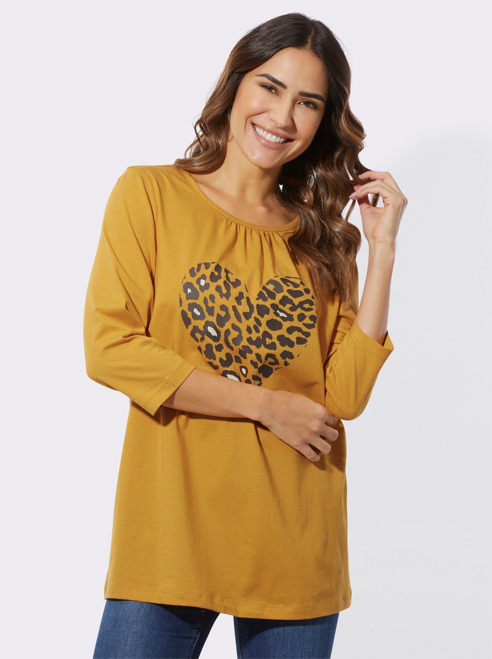 Dlouhé tričko s motivem srdce - okrová-čokoládová