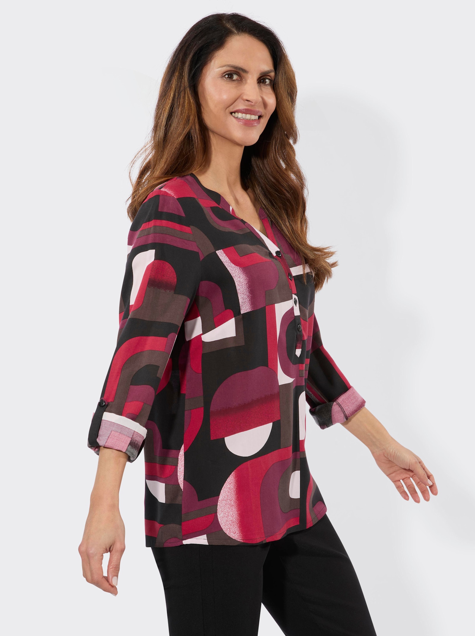 Schlupf-Bluse in grafischem Dessin - bordeaux-schoko-bedruckt