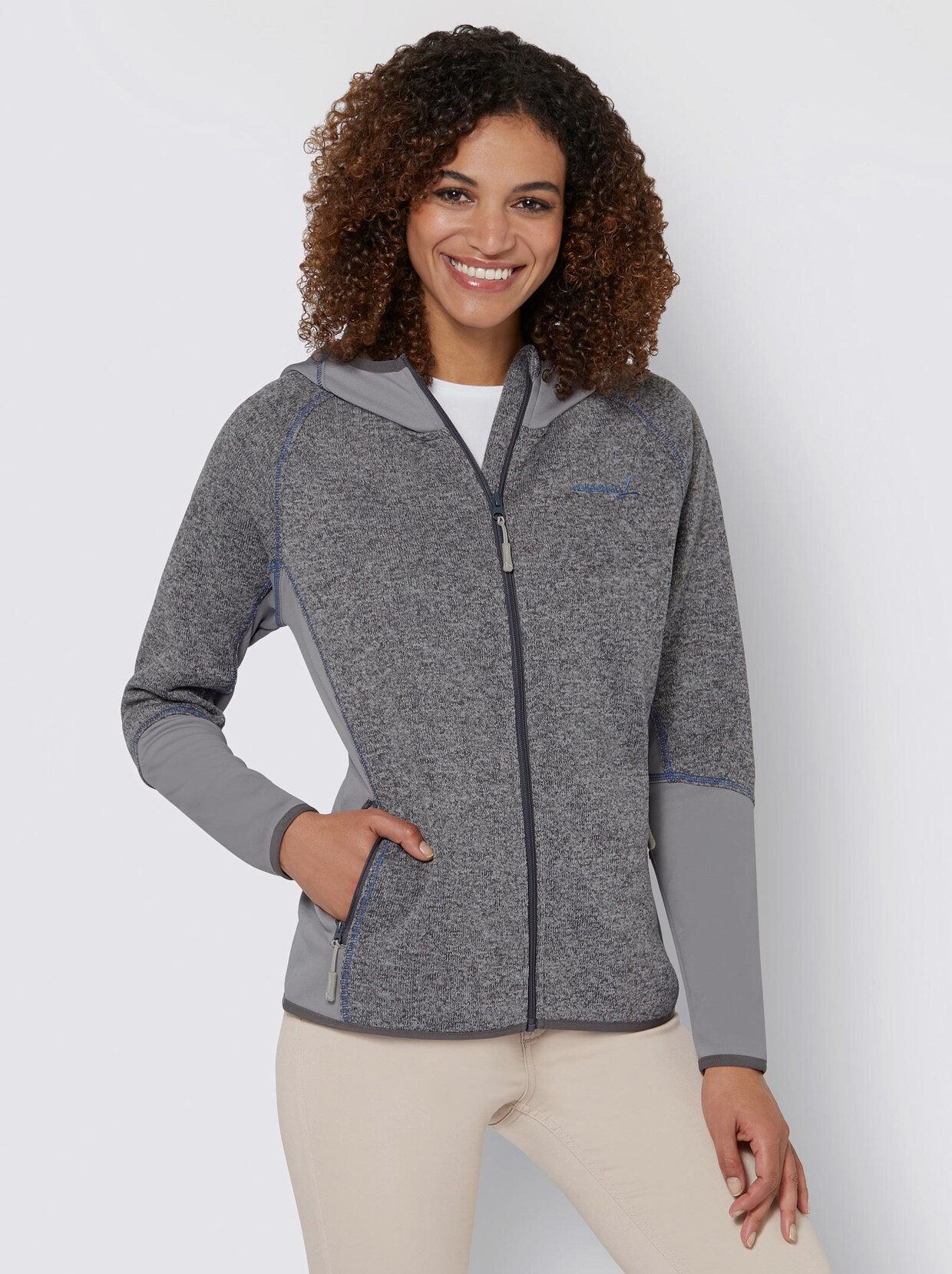 Strickfleecejacke - steingrau-weiß-meliert