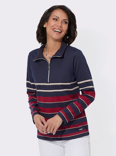 Sweatshirt mit Troyerkragen, geringelt - marine-kirsche-geringelt