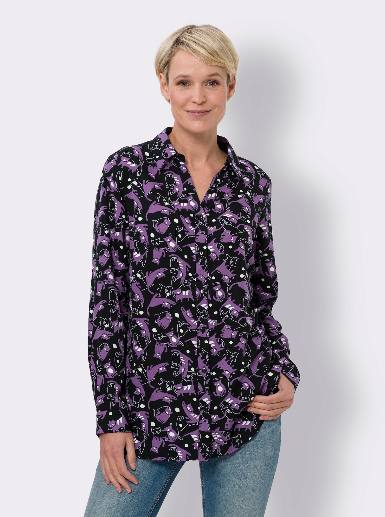 Longbluse mit Katzen-Motiv - schwarz-lila-bedruckt
