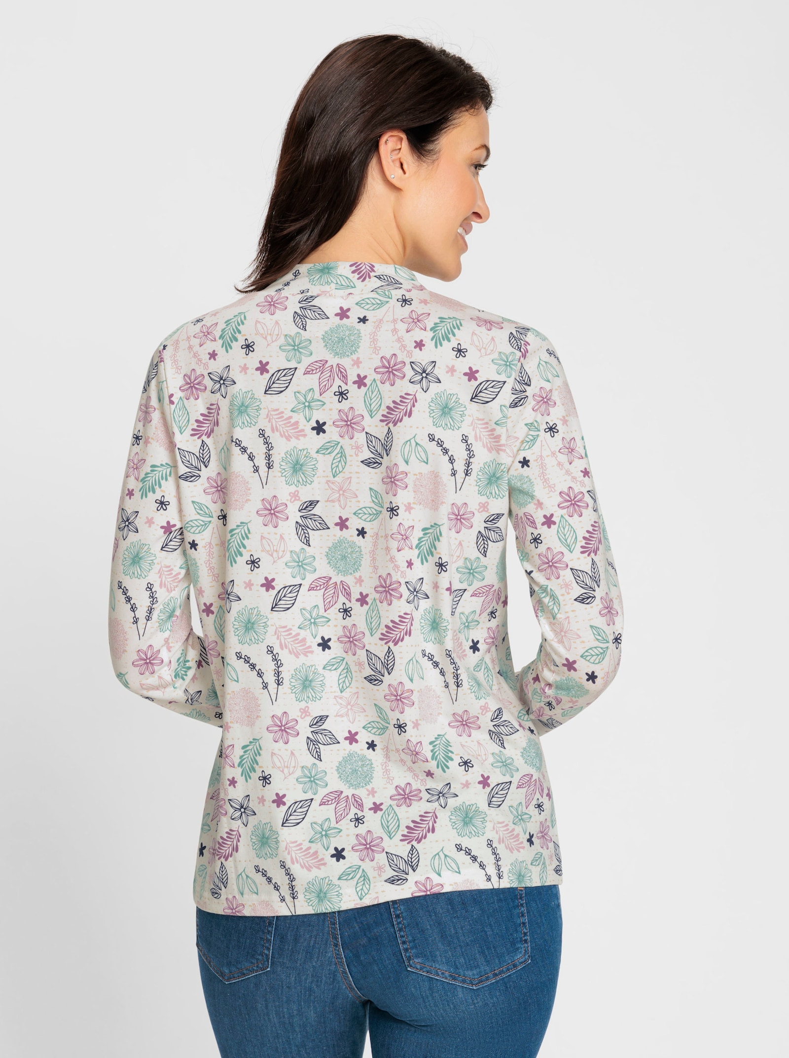 Stehkragenshirt Mit Blümchen-Dessin - ecru-mauve-bedruckt