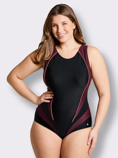 sheego Badeanzug mit Kontrast-Partien und Shaping-Effekt - schwarz-burgund