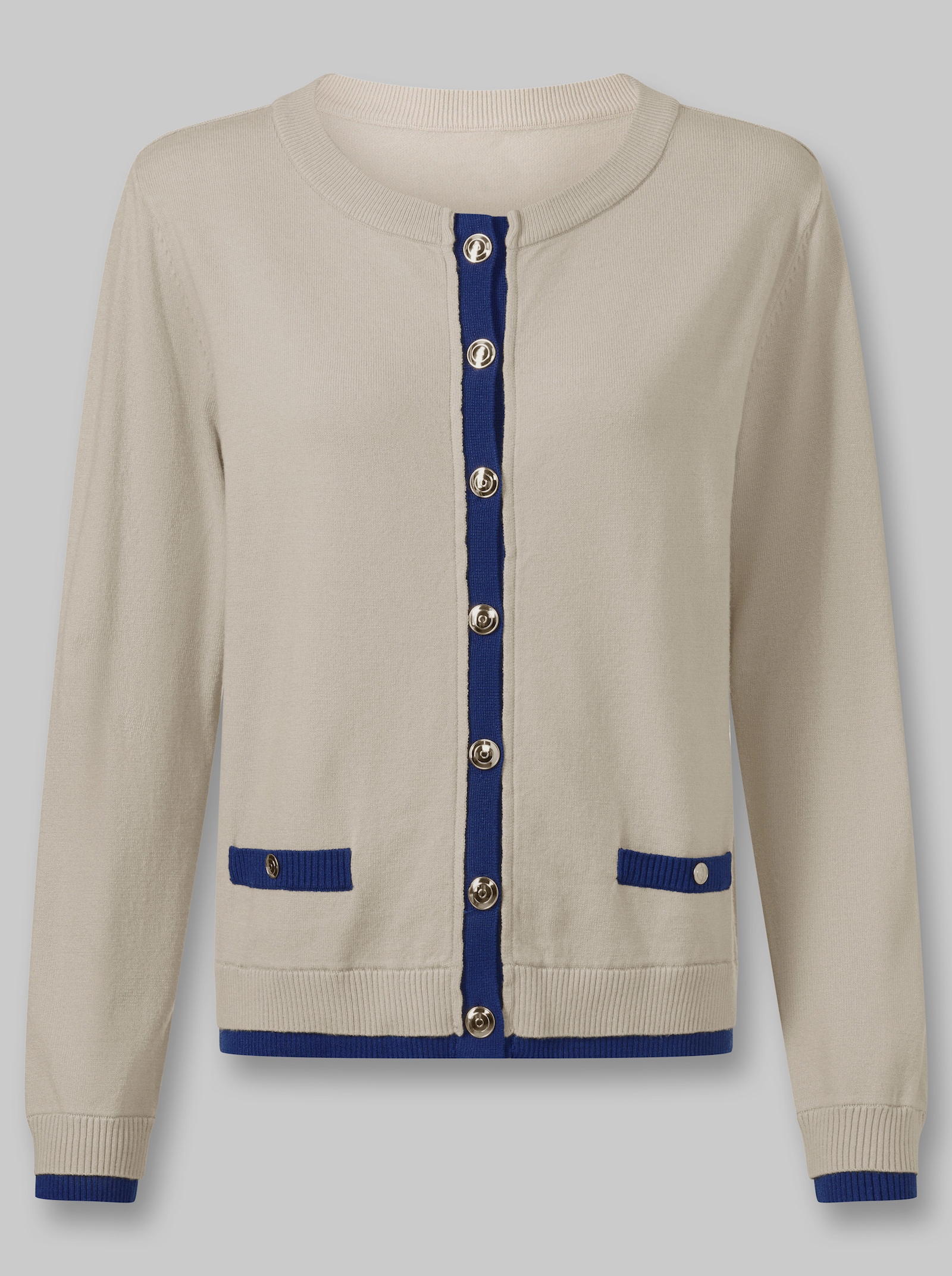 heine Strickjacke mit goldfarbenen Knöpfen - hellgrau-royalblau
