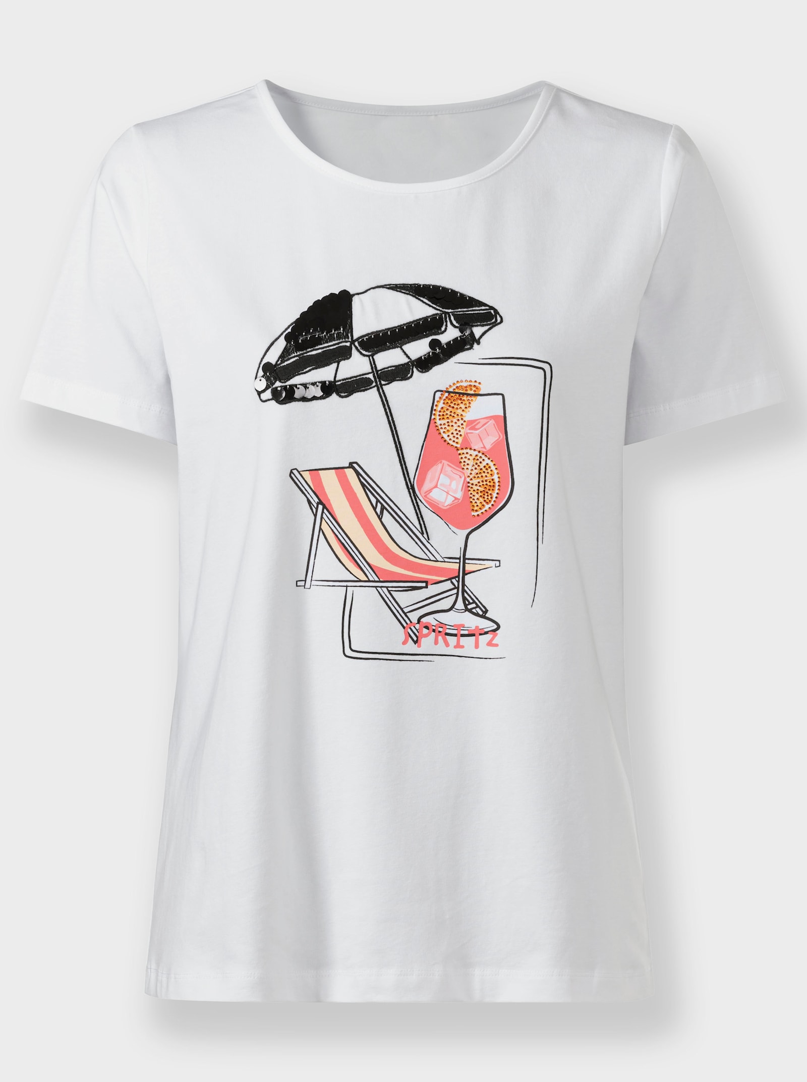 heine Shirt met korte mouw, pailletten en glittersteentjes - wit/koraal bedrukt