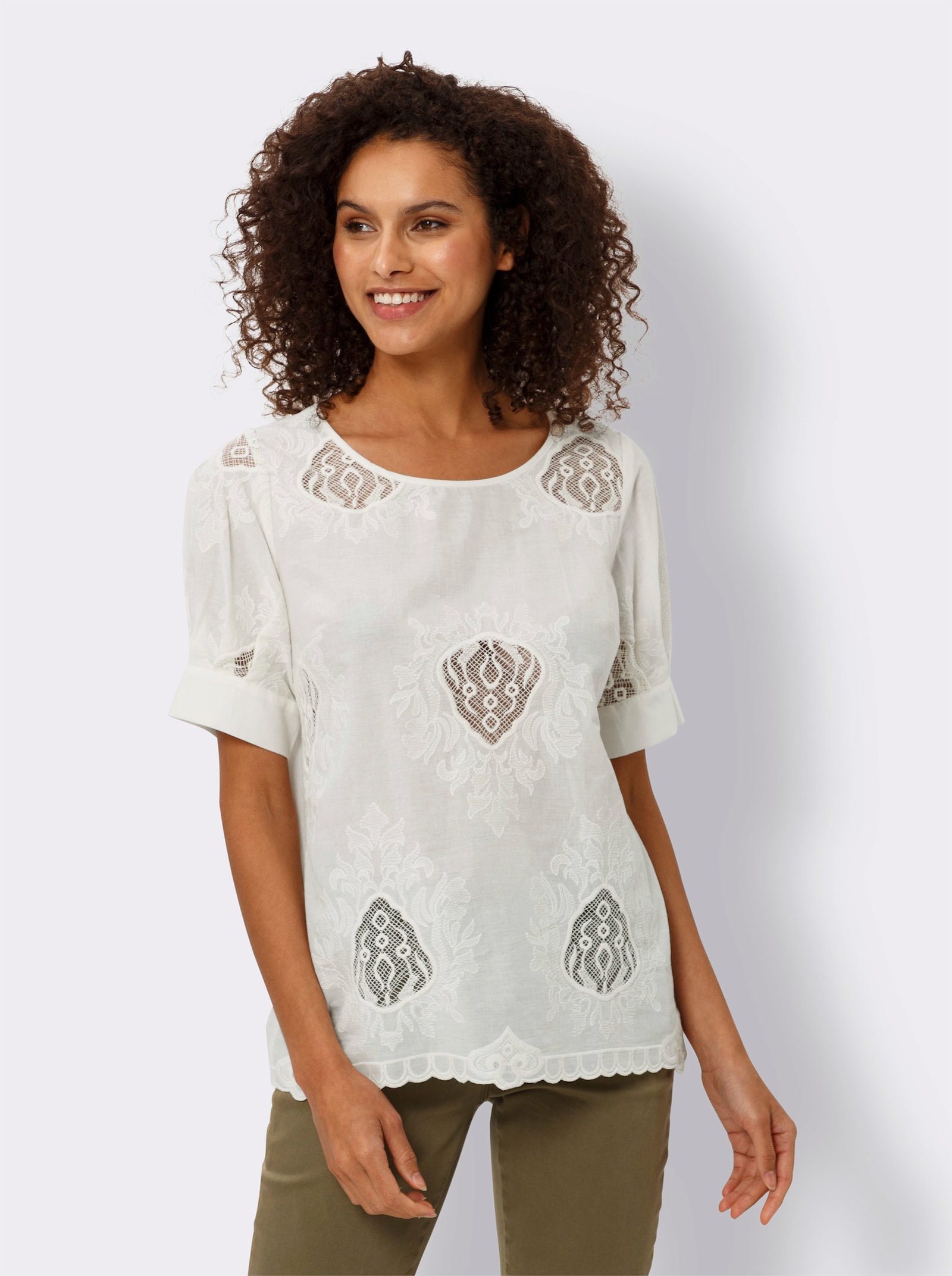 heine Kurzarm-Bluse mit transparenten Einsätzen - champagner