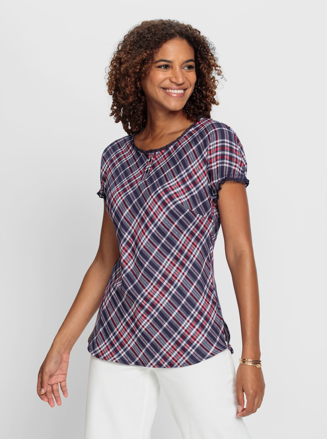Comfortabele blouse - marine/wit geruit